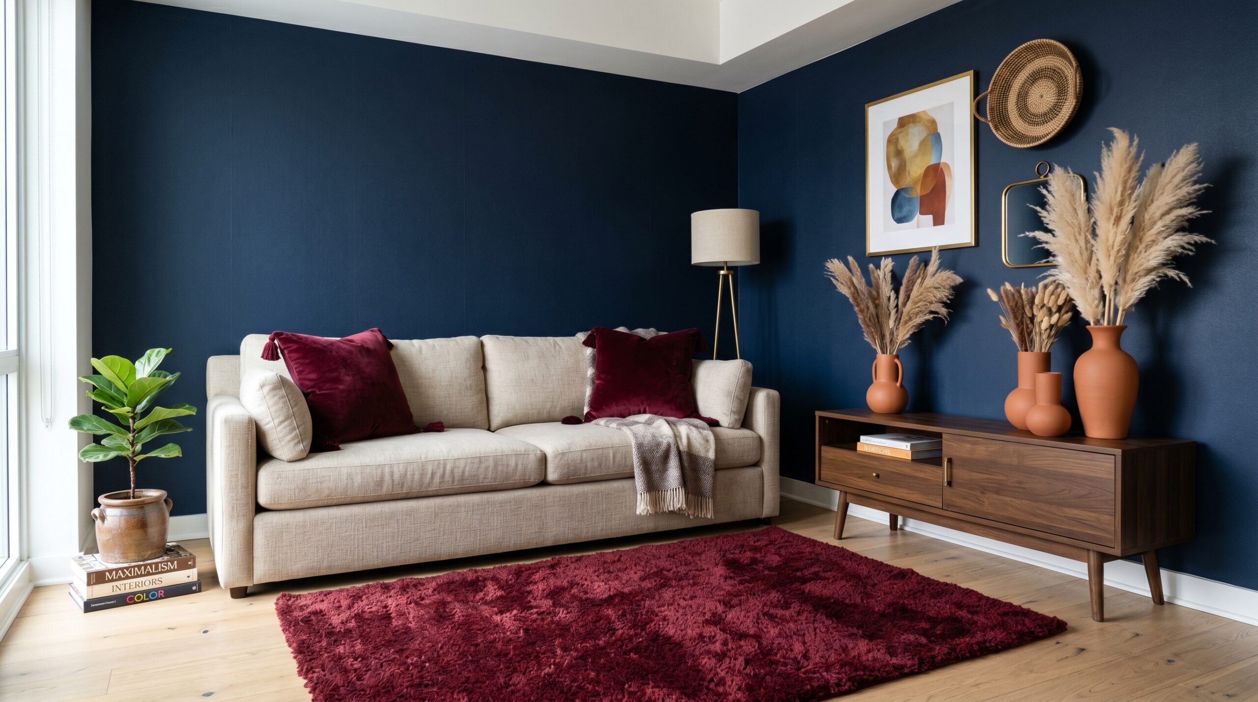 Maximalist small living room with a deep navy accent wall, a burgundy plush rug, burgundy velvet throw pillows, and a trio of terracotta vases with dried stems