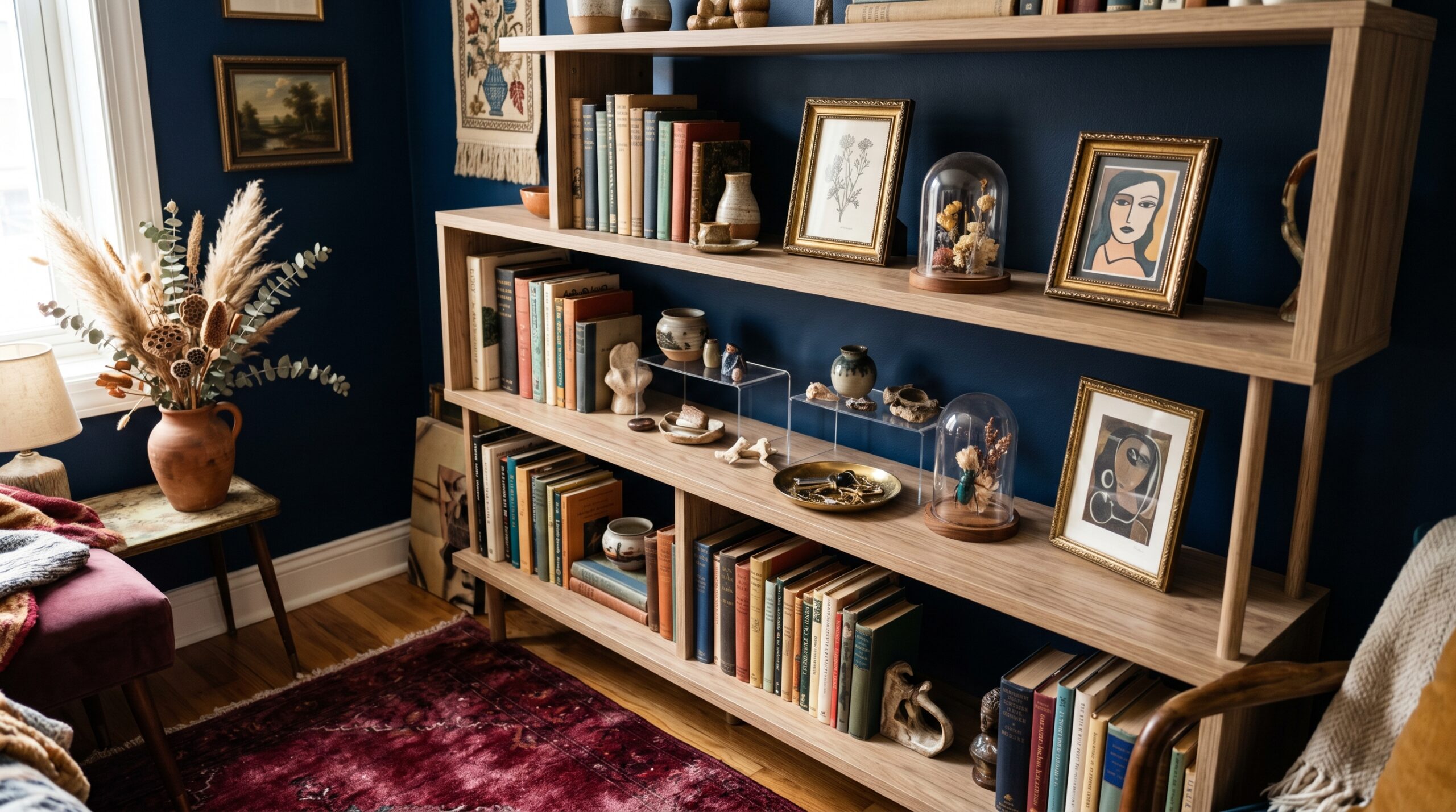 Small apartment shelf mixing a maximalist navy and burgundy base with a curated cluttercore collection of books, glass cloches, and brass objects