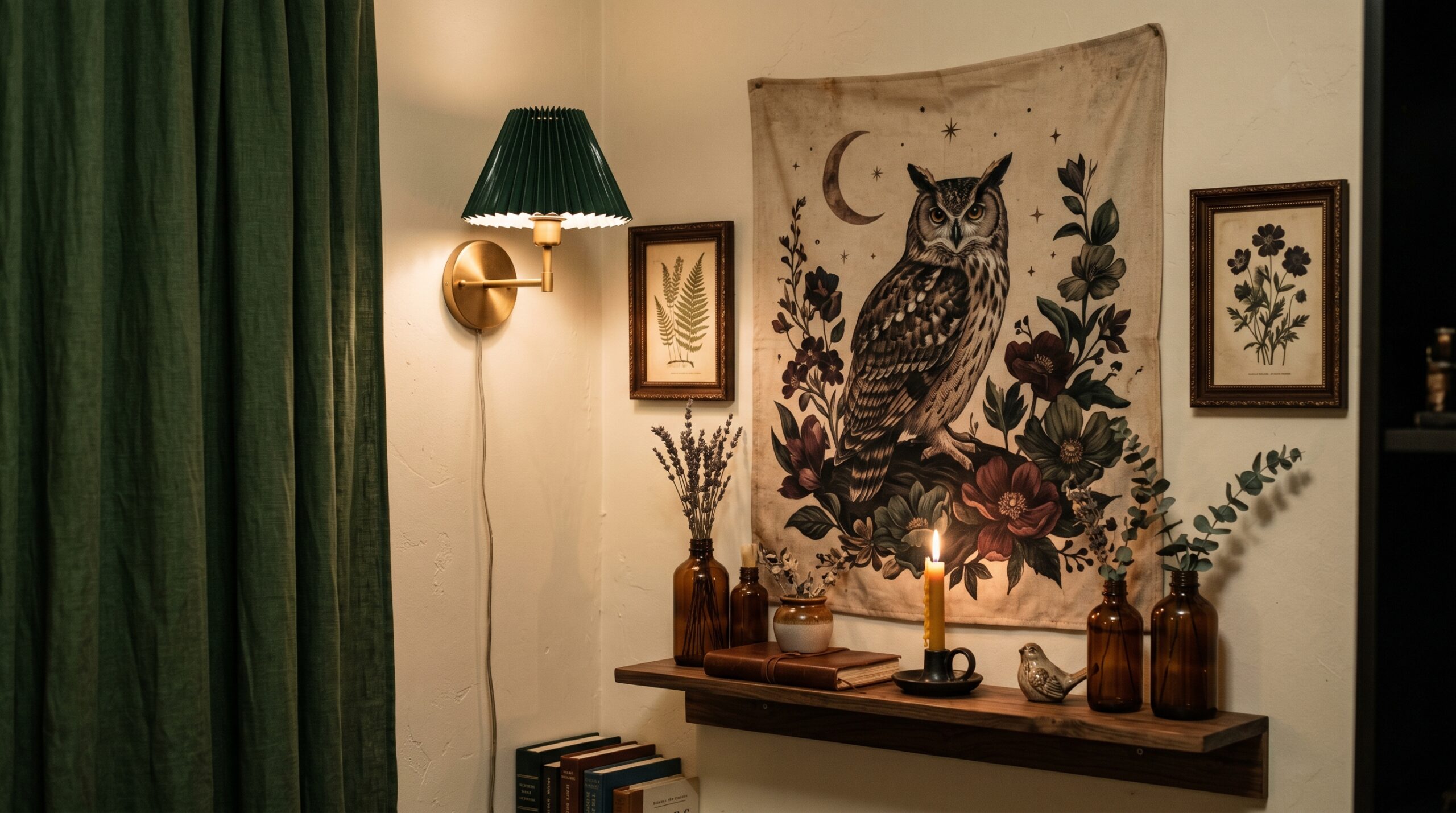 Dark cottagecore wall decor in a small rental bedroom corner with vintage owl moon tapestry, framed botanical prints, walnut floating shelf with amber bottles, and brass battery wall sconce