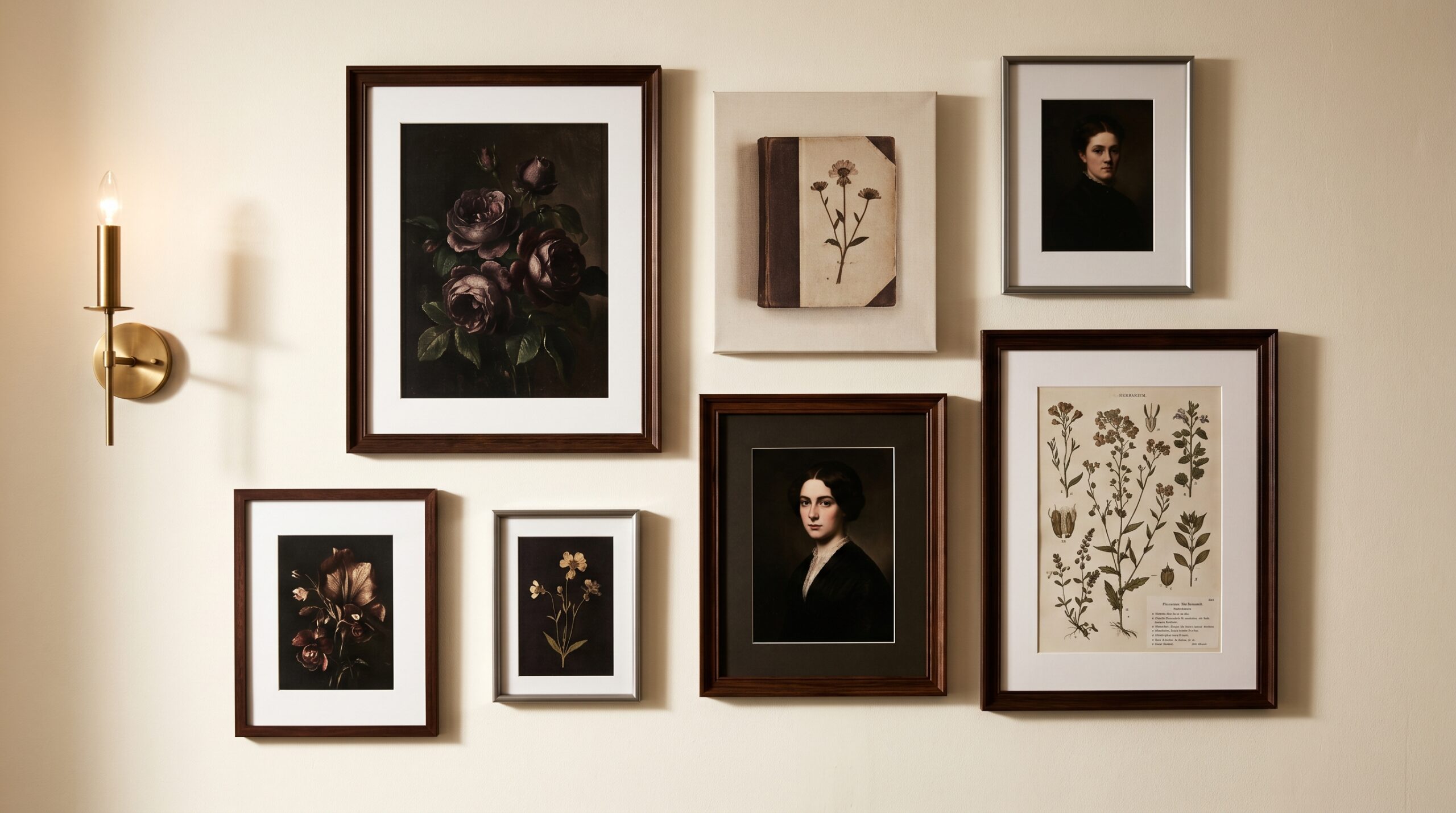 Dark cottagecore gallery wall with six mixed-size framed prints in dark wood and slim aluminum frames, including dark roses, vintage book canvas, and Victorian portrait
