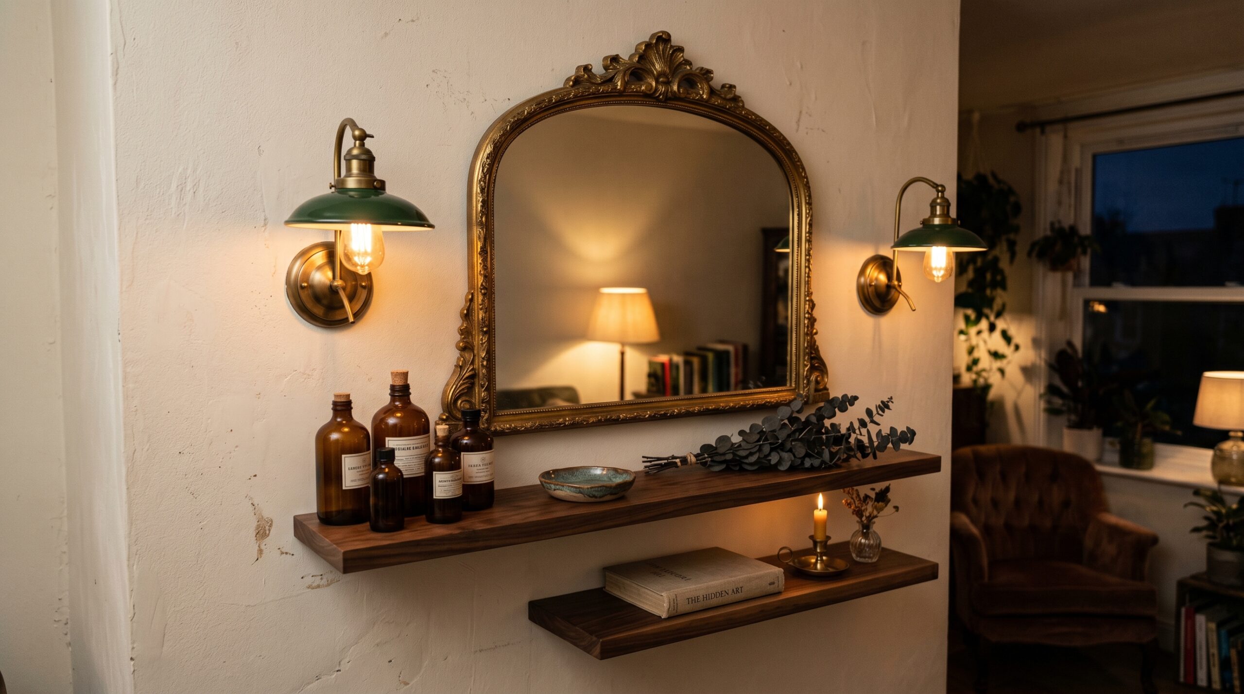Arched gold baroque mirror flanked by two battery-operated antique brass sconces with green ceramic shades above two walnut floating shelves with amber bottles