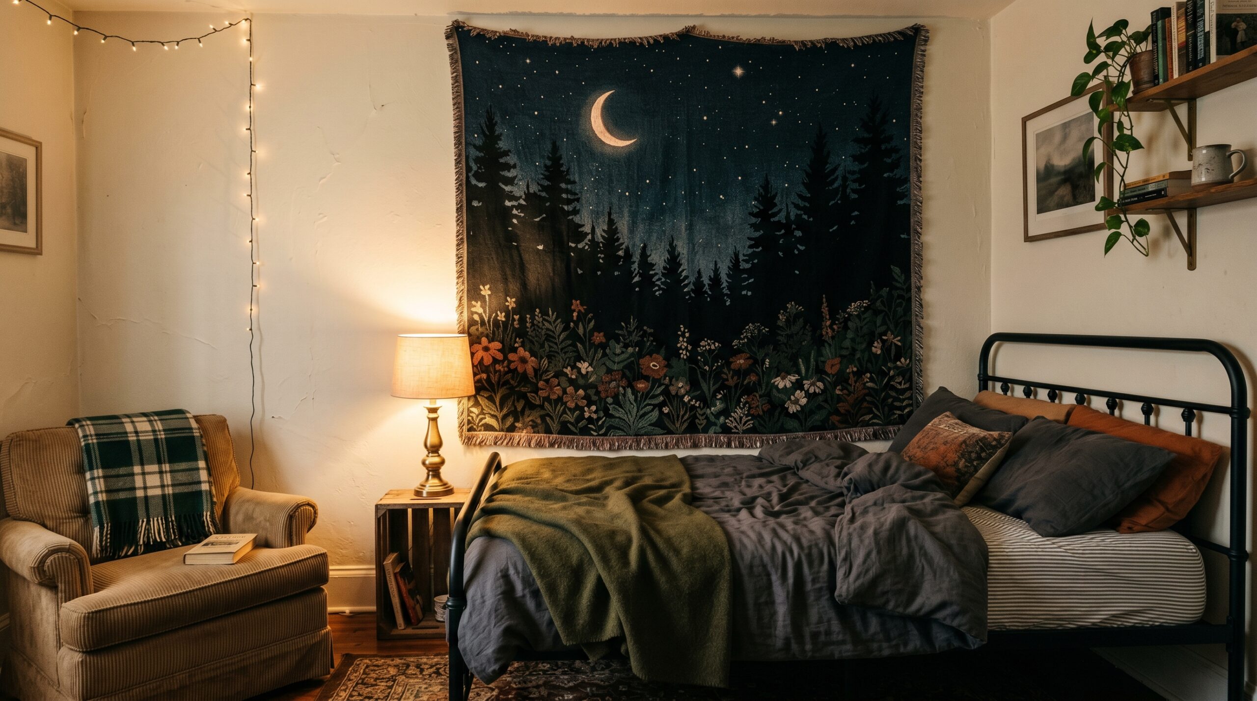 Large 50x60 dark cottagecore tapestry of moonlit pine forest hanging as a headboard backdrop above an iron-framed bed in a small rental bedroom