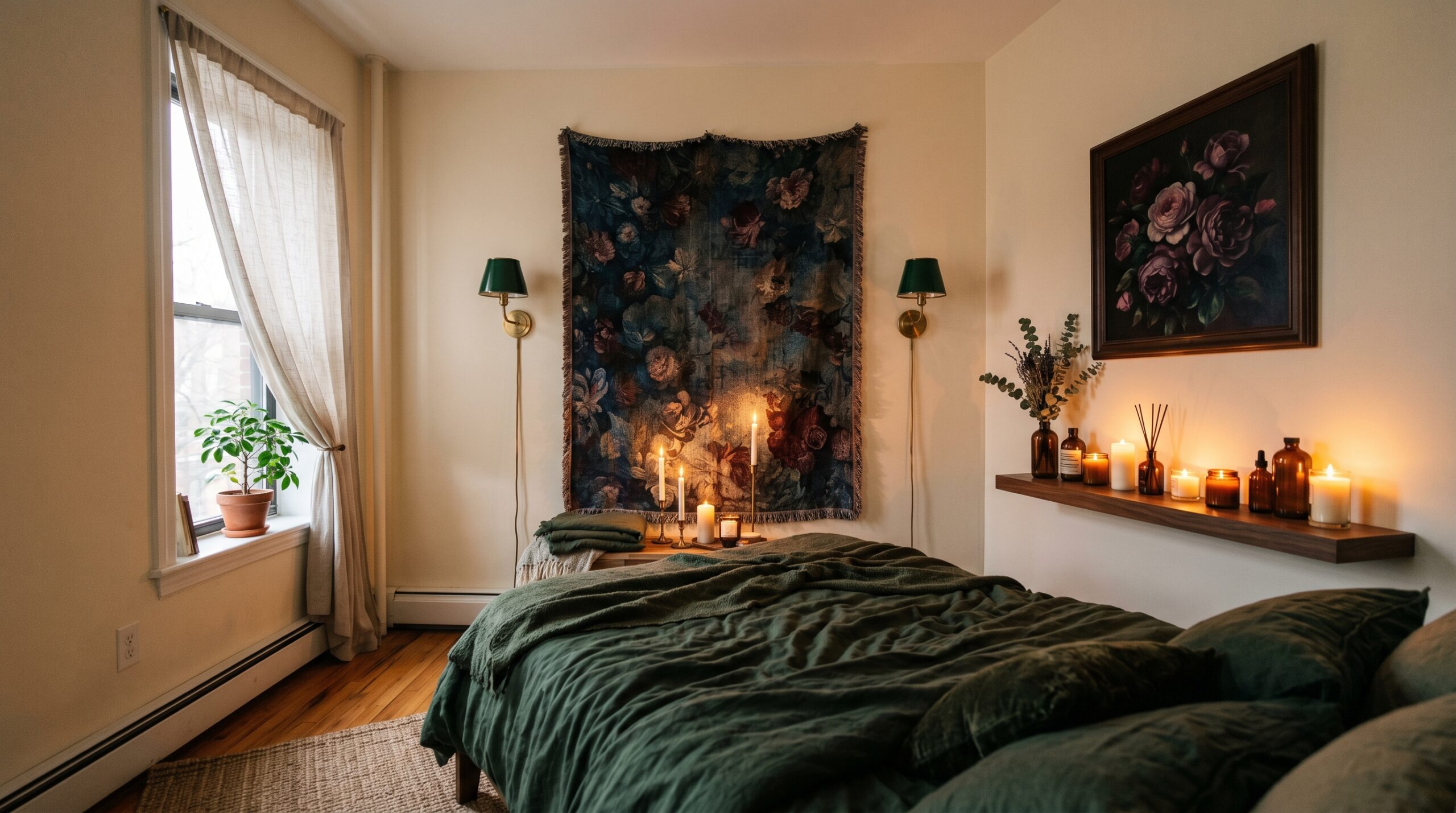 Wide view of a small dark cottagecore bedroom showing the full styled wall with tapestry, framed prints, brass sconces, and walnut shelf above a bed with deep forest green linen bedding