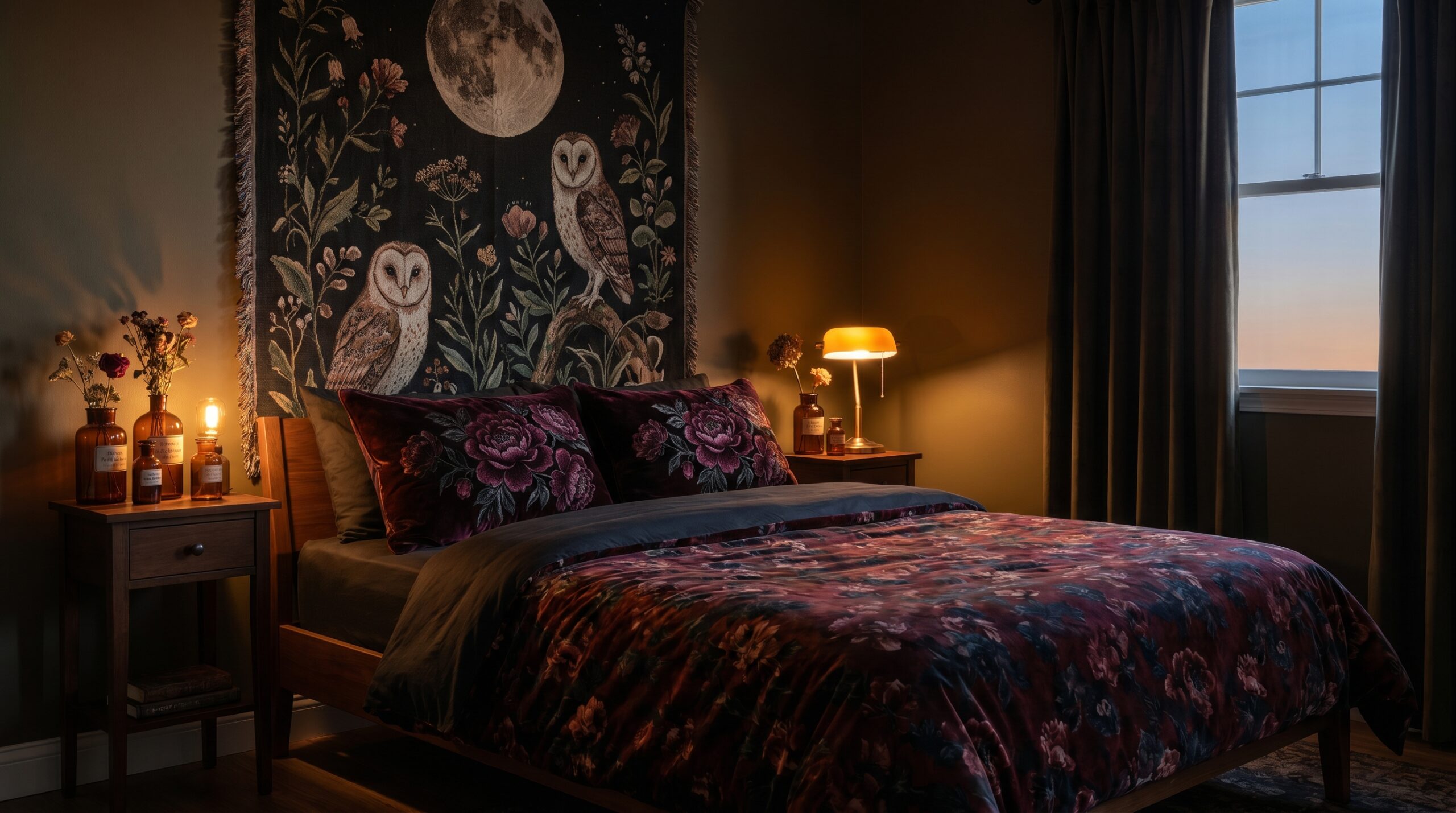 Dark cottagecore small bedroom corner with moody floral bedding, botanical tapestry, and amber apothecary bottles