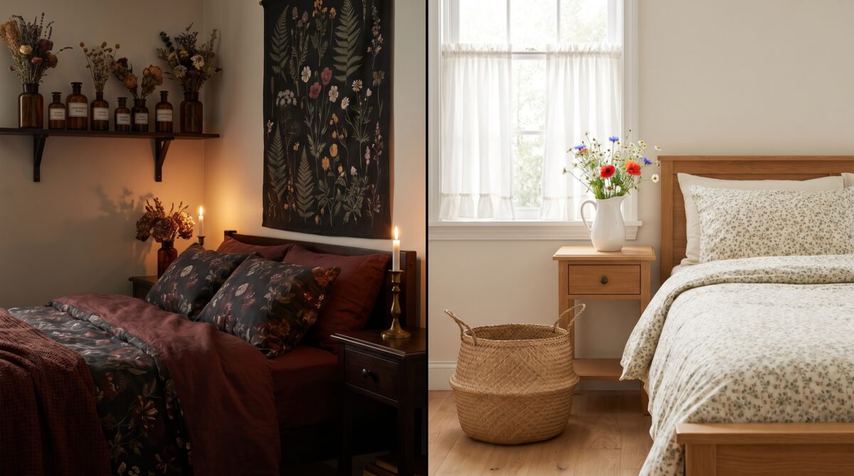 Dark cottagecore bedroom corner on the left versus traditional cottagecore bedroom corner on the right in a small apartment
