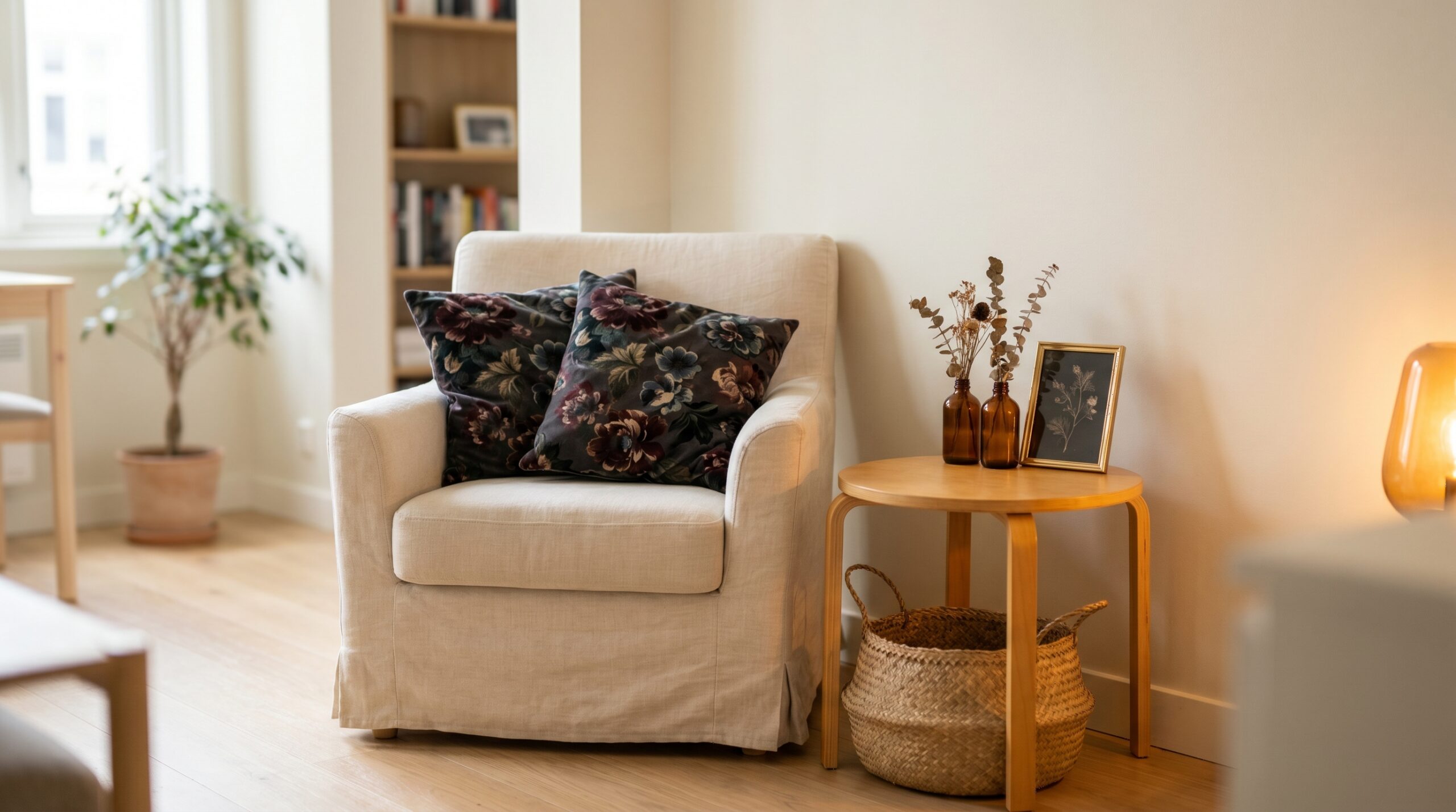 Small apartment corner mixing light traditional cottagecore with dark cottagecore velvet pillows and amber glass accents
