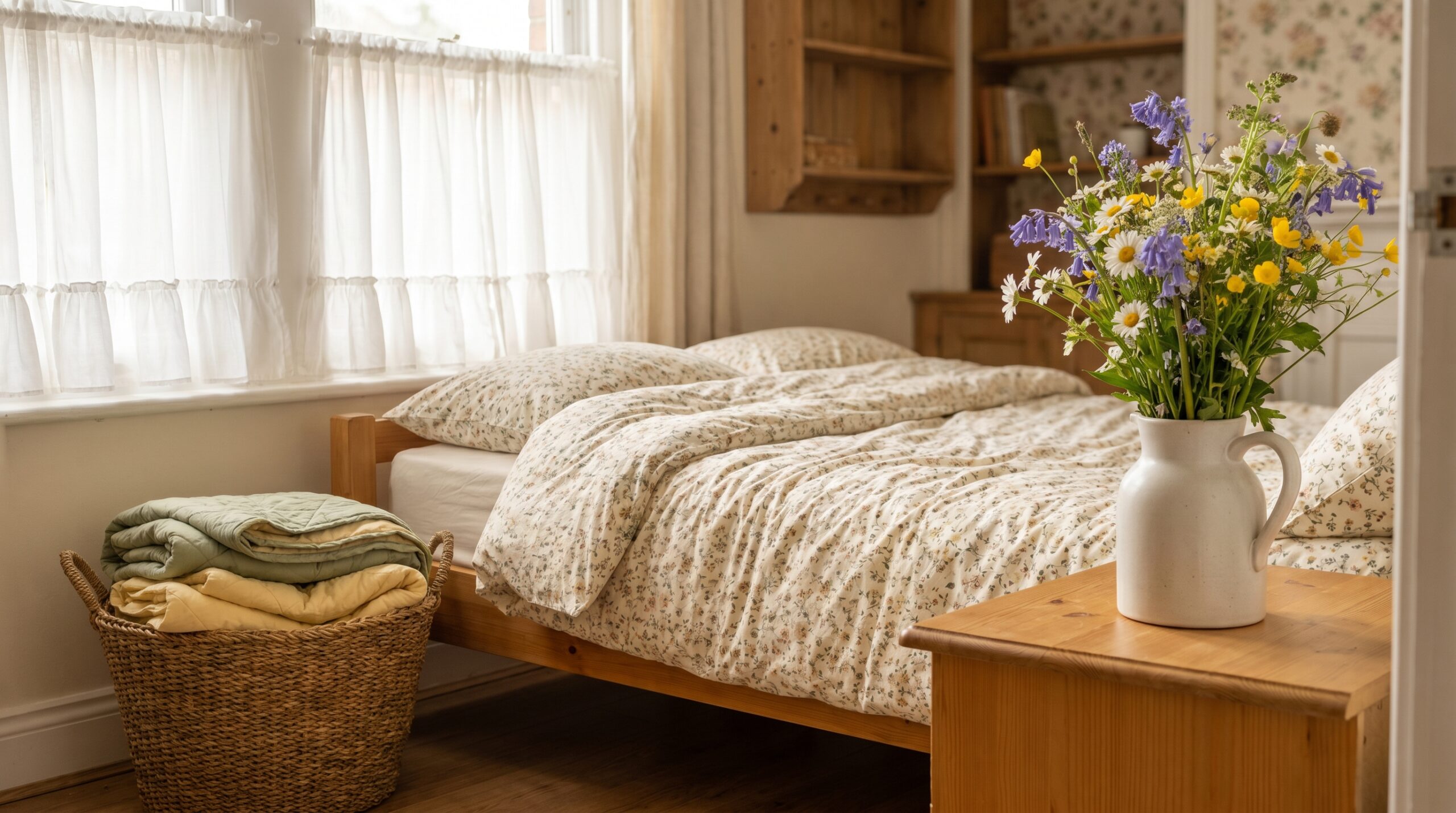 Traditional cottagecore small bedroom corner with ditsy floral bedding, white ruffle cafe curtains, and a ceramic jug of wildflowers