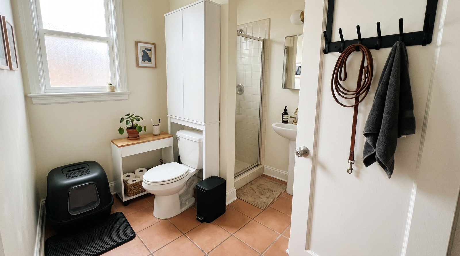 Tiny apartment bathroom organized for cat and dog owners with over-toilet cabinet, slim cart, and over-door leash rack