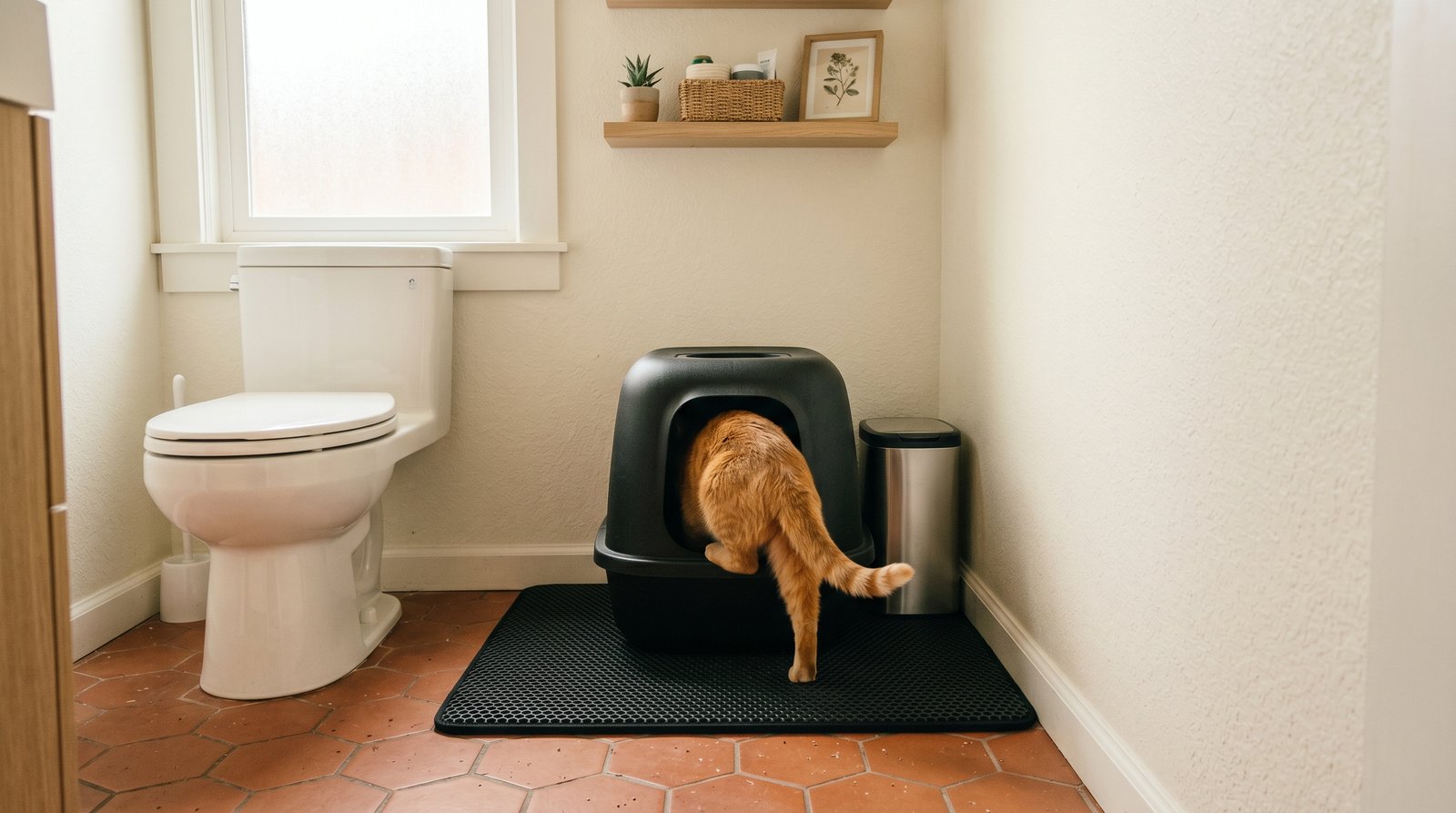 Top-entry cat litter box on black trapping mat beside white toilet with Litter Genie pail in tiny apartment bathroom