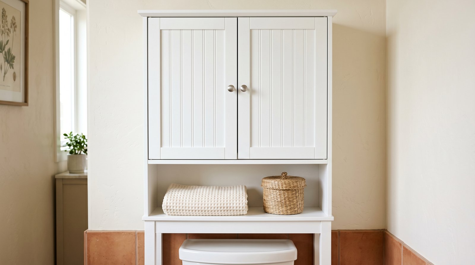 Over-toilet cabinet with closed double doors hiding pet supplies and seagrass basket on lower shelf