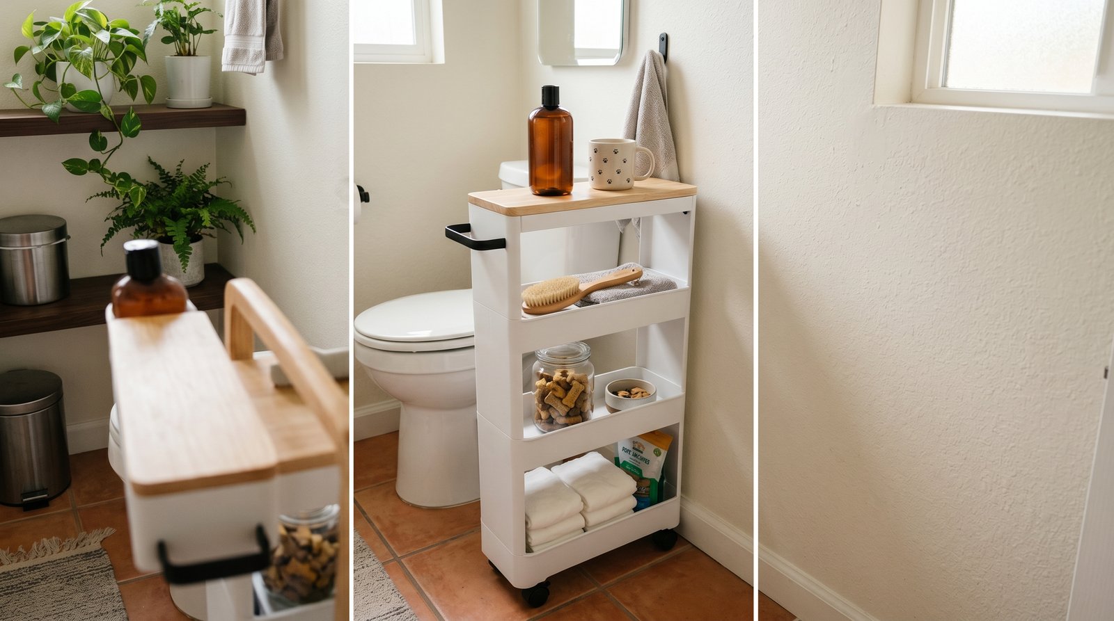5-inch slim rolling cart pulled out from toilet-wall gap holding pet shampoo, brush, treats, and wipes