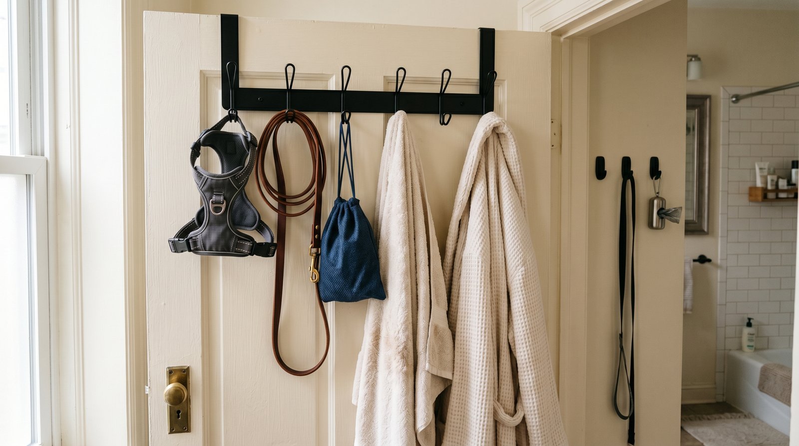 Over-door 6-hook rack on bathroom door holding dog harness, leash, poop-bag pouch, and bath towel