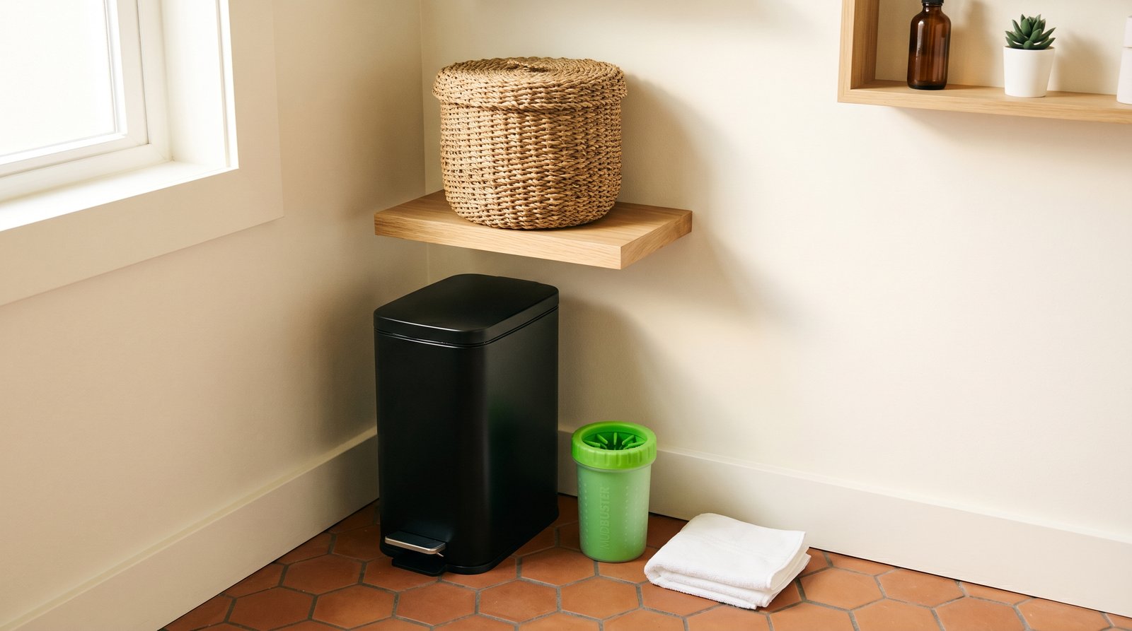 Bathroom cleanup corner with sealed matte black trash can, seagrass lidded basket, and green silicone paw cleaner