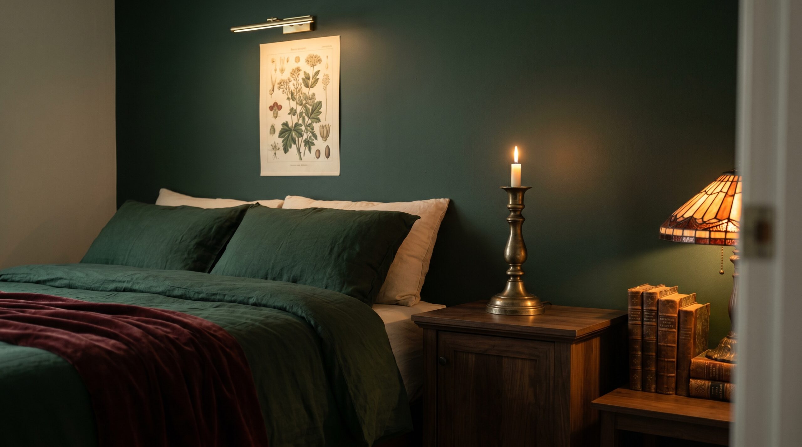 Dark cottagecore lighting setup: antique brass cordless lamp, stained glass lamp, and brass picture light in a small bedroom corner