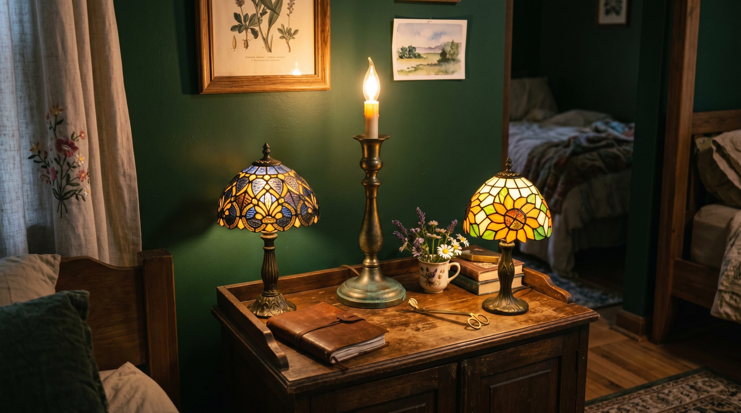 Three dark cottagecore bedside lamps grouped on a dark walnut console: cordless brass candlestick lamp, baroque stained glass lamp, and Tiffany sunflower lamp