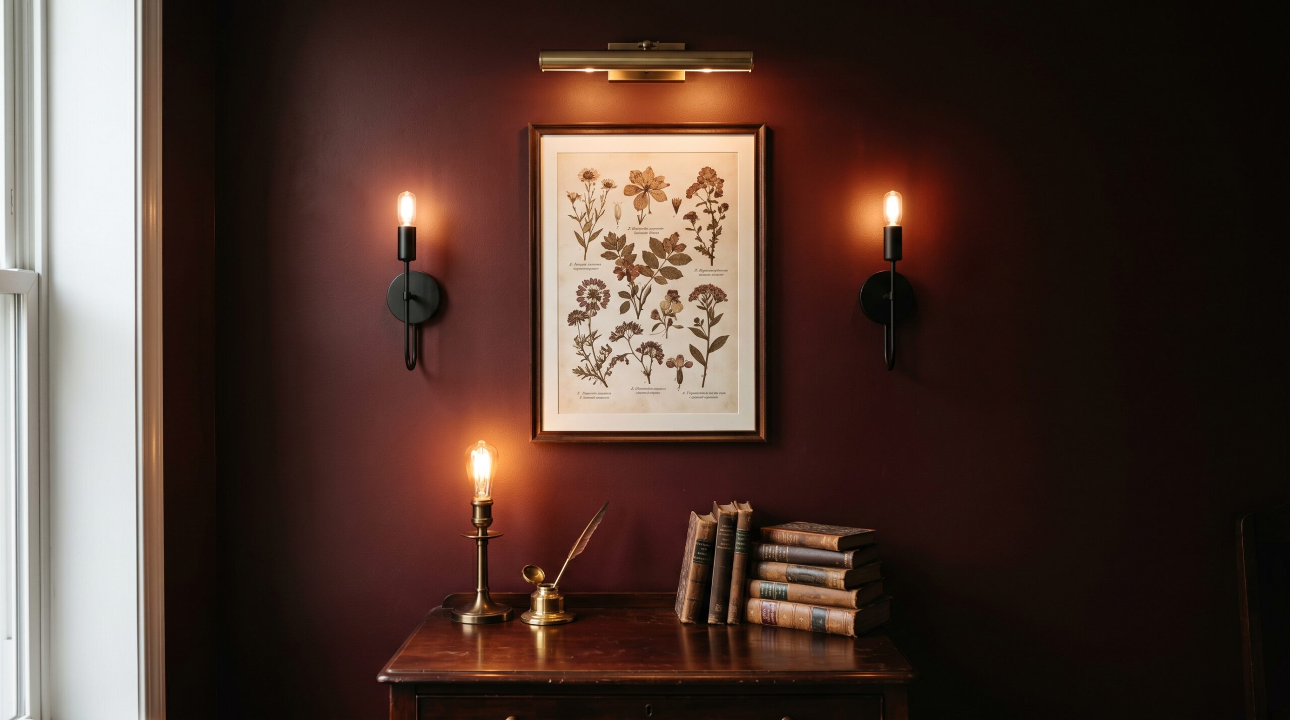 Dark cottagecore wall lighting: battery sconces flanking a botanical print under a brass picture light, with a dark academia desk lamp on a writing desk