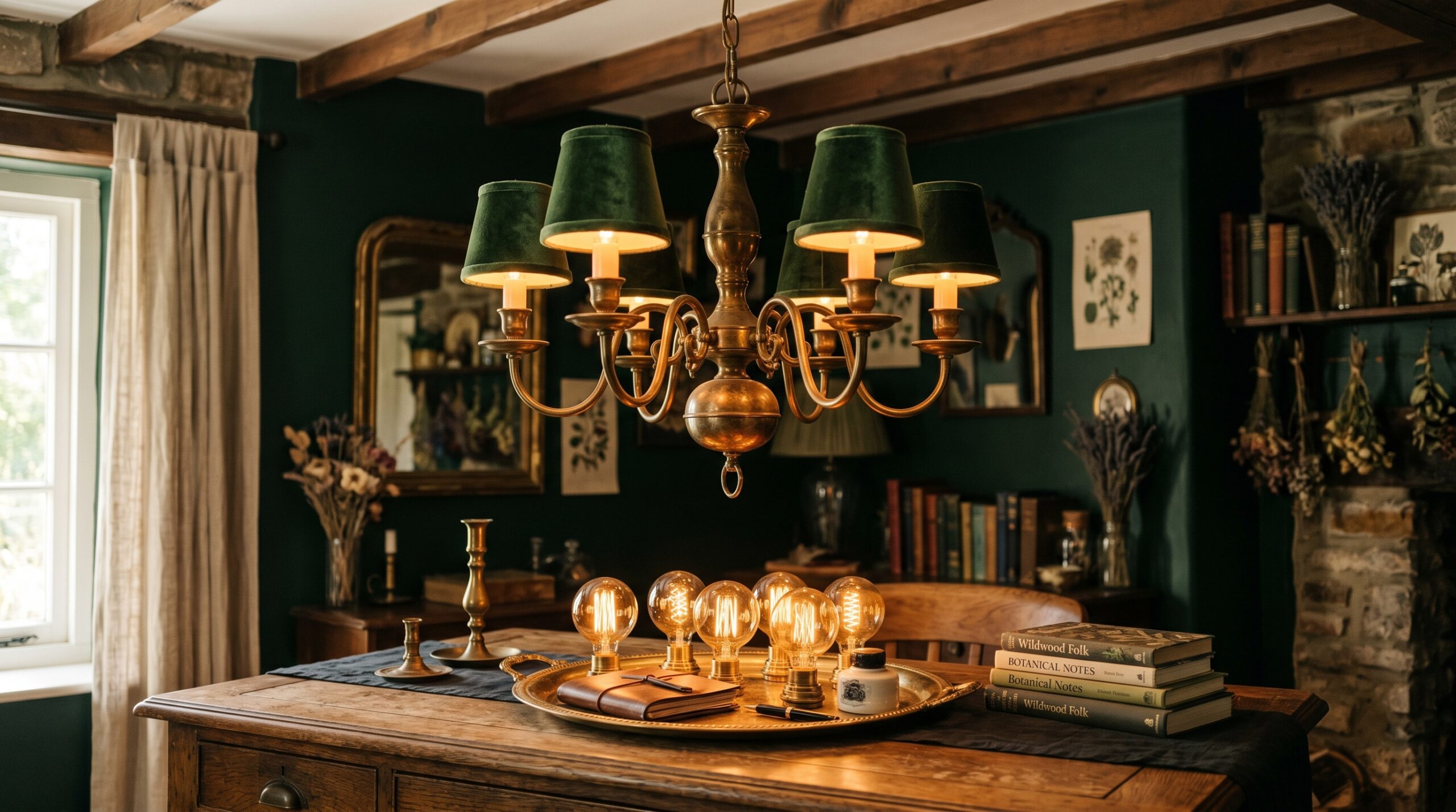 Dark green velvet clip-on lampshades on a chandelier glowing from amber flame-tip bulbs, with six amber Edison ST64 bulbs on a brass tray below