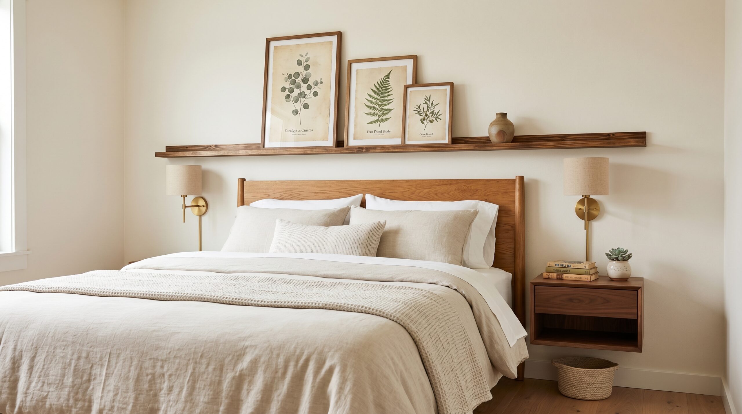 Small bedroom seen from foot of bed with cream walls, warm-oak headboard, long torched-wood picture ledge above the headboard with three botanical prints, brass plug-in wall sconces flanking the bed, and a walnut floating nightstand