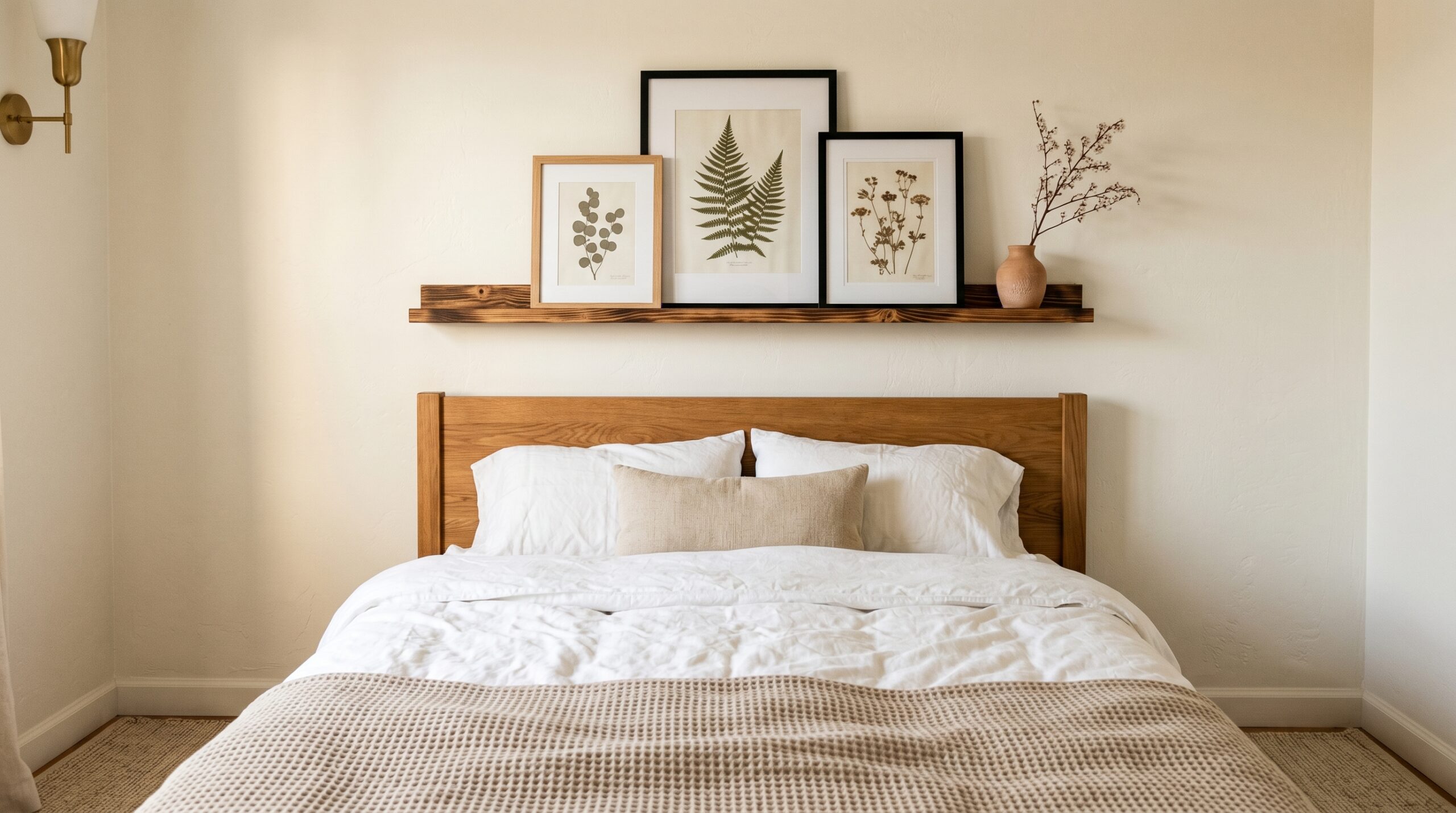 Wide shot of a small bedroom headboard wall with a 60-inch torched-brown narrow wood picture ledge mounted above the warm-oak headboard, three framed botanical prints leaning at staggered heights, a small terracotta vase at the right end