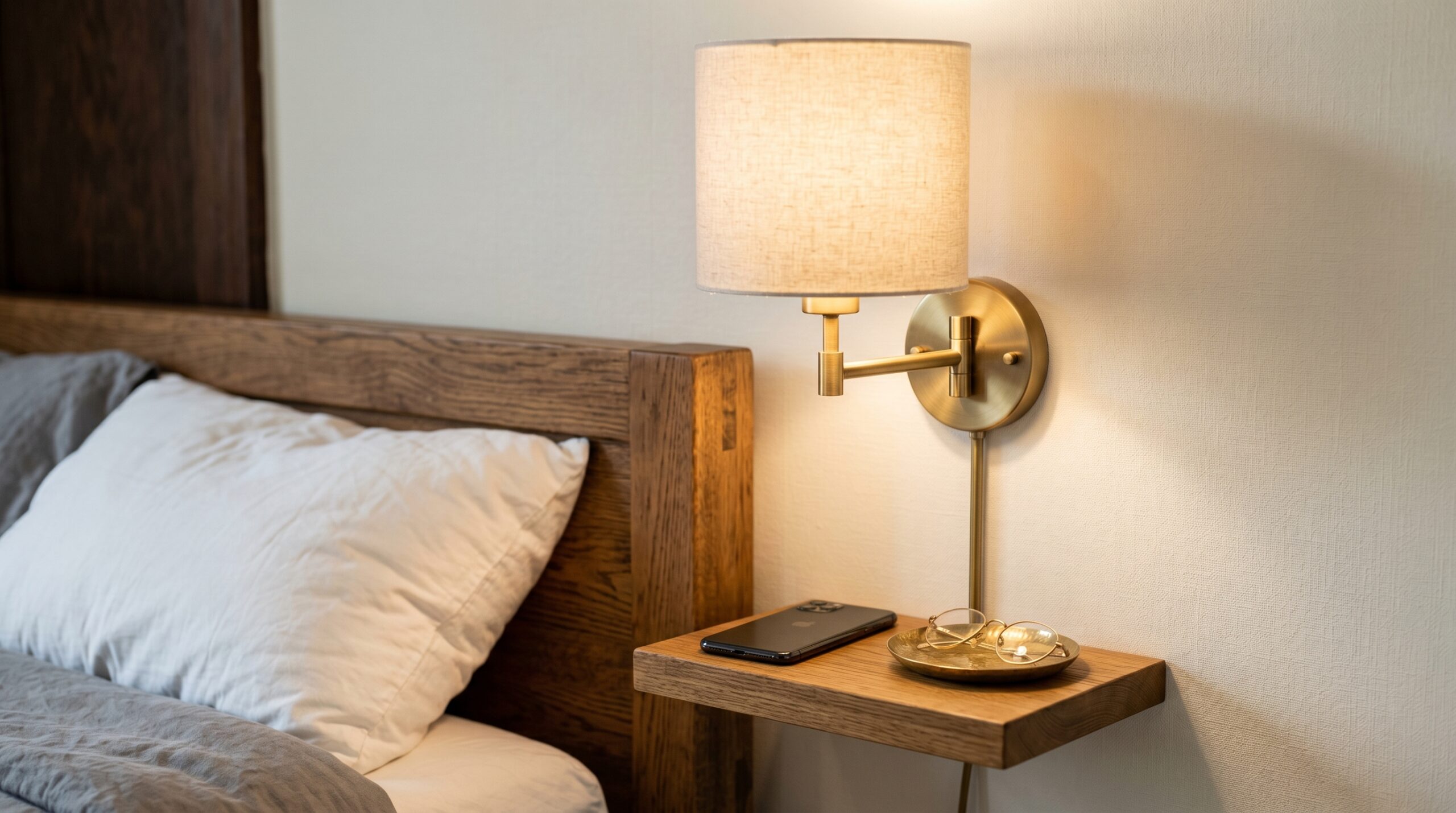 Close-up of a brass plug-in wall sconce with beige linen drum shade mounted at shoulder height to the right of a queen bed, built-in shelf below holds phone, glasses, and brass dish, no nightstand on the floor