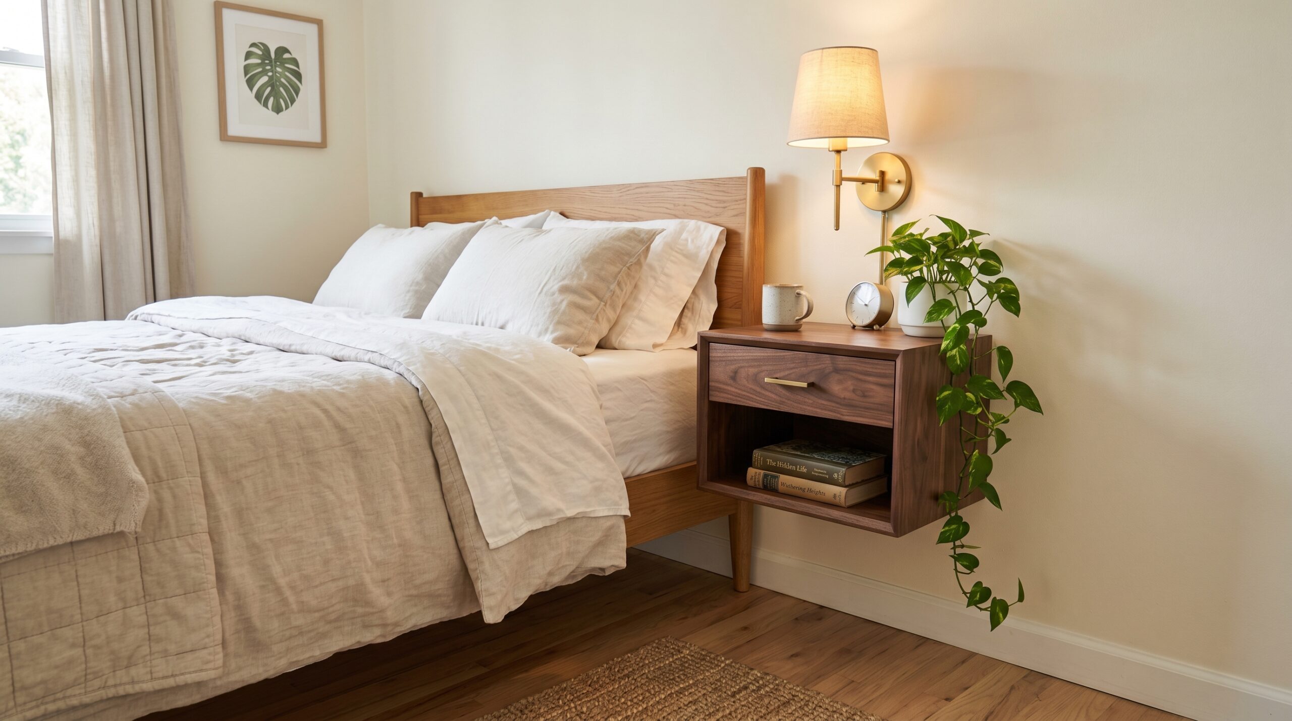Walnut floating nightstand wall-mounted to the right of a queen bed with one closed drawer and an open cubby below holding a stacked book and a small plant, brass sconce above with warm light