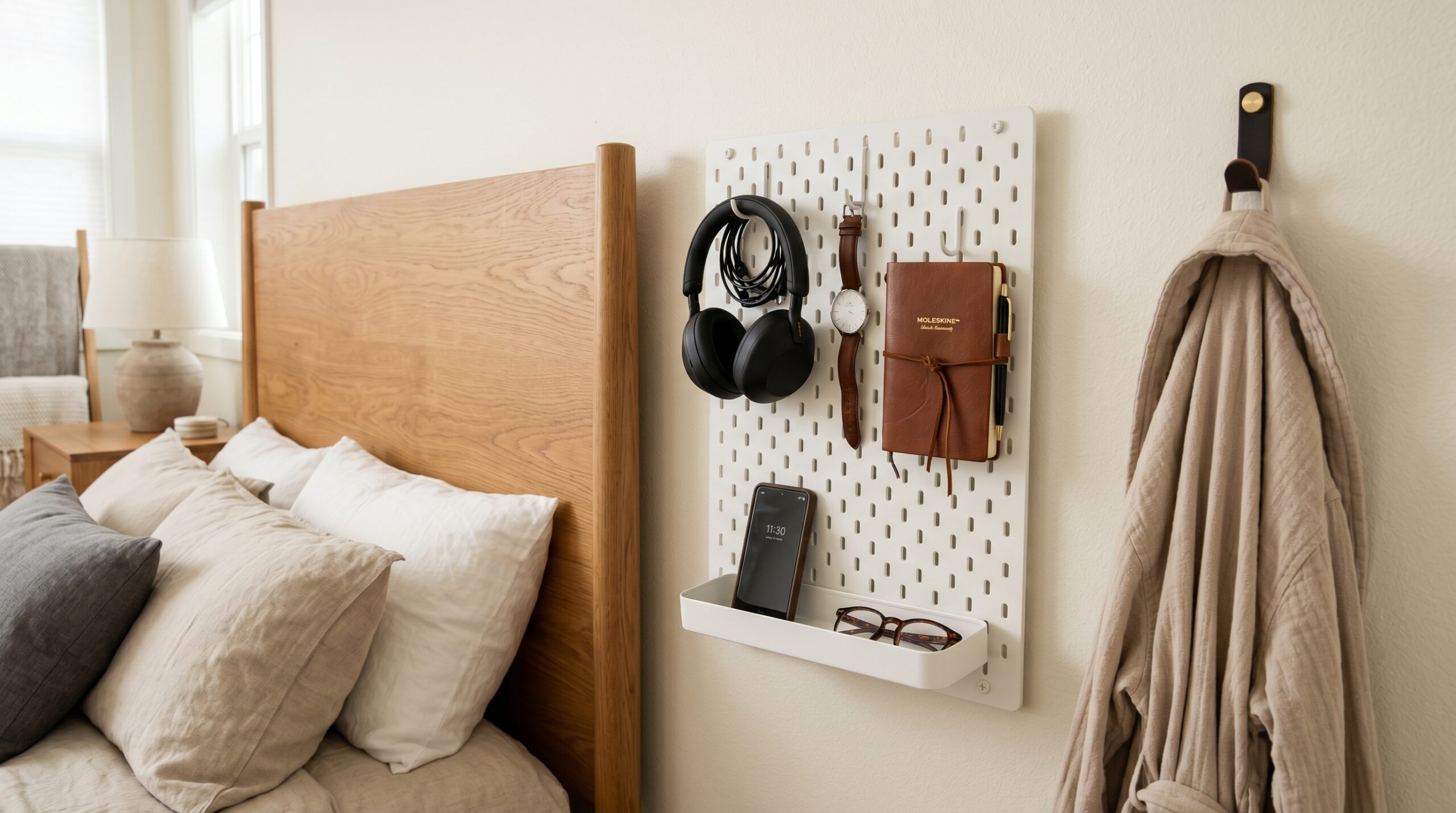 Small bedroom side wall with white adhesive pegboard holding headphones, a watch, and a leather journal, a small adhesive caddy below with phone and glasses, leather wall hook to the right with a beige robe draped over it