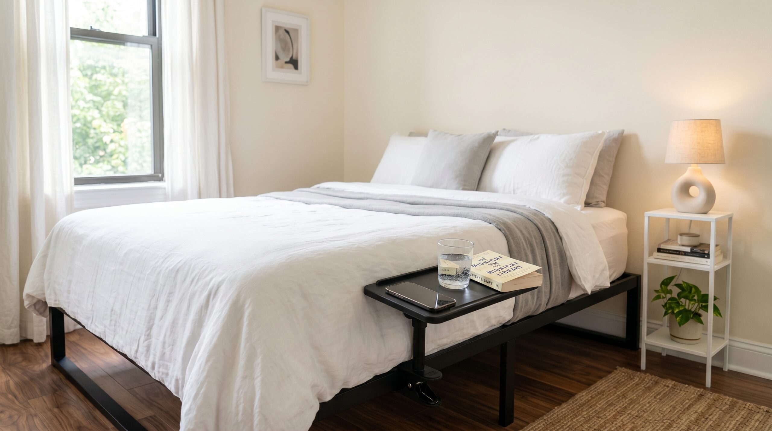 Small apartment bedroom with clip-on bedside shelf and slim three-tier nightstand