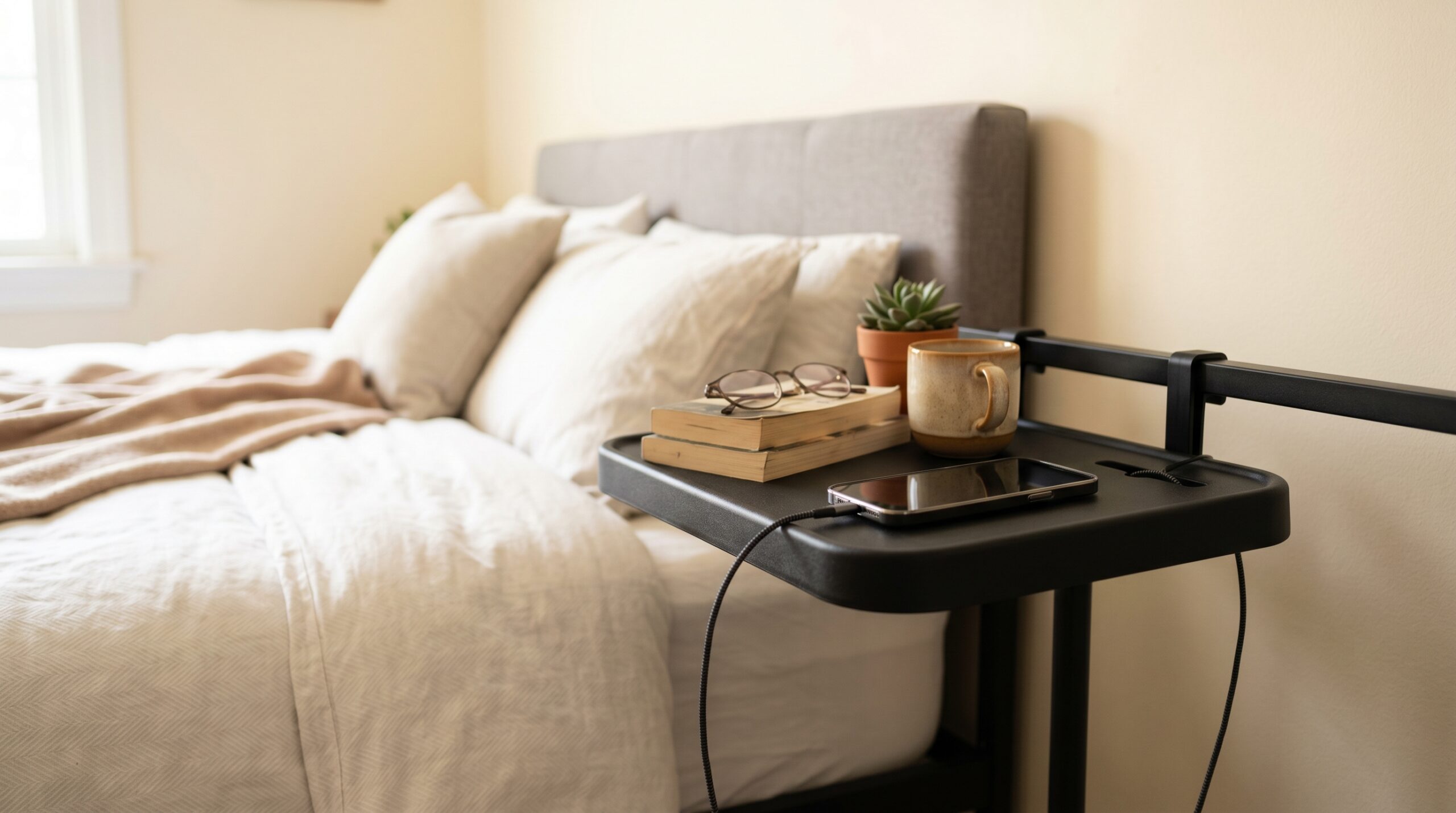 Close-up of a clip-on bedside shelf with cable catch holding phone, glass of water, and book