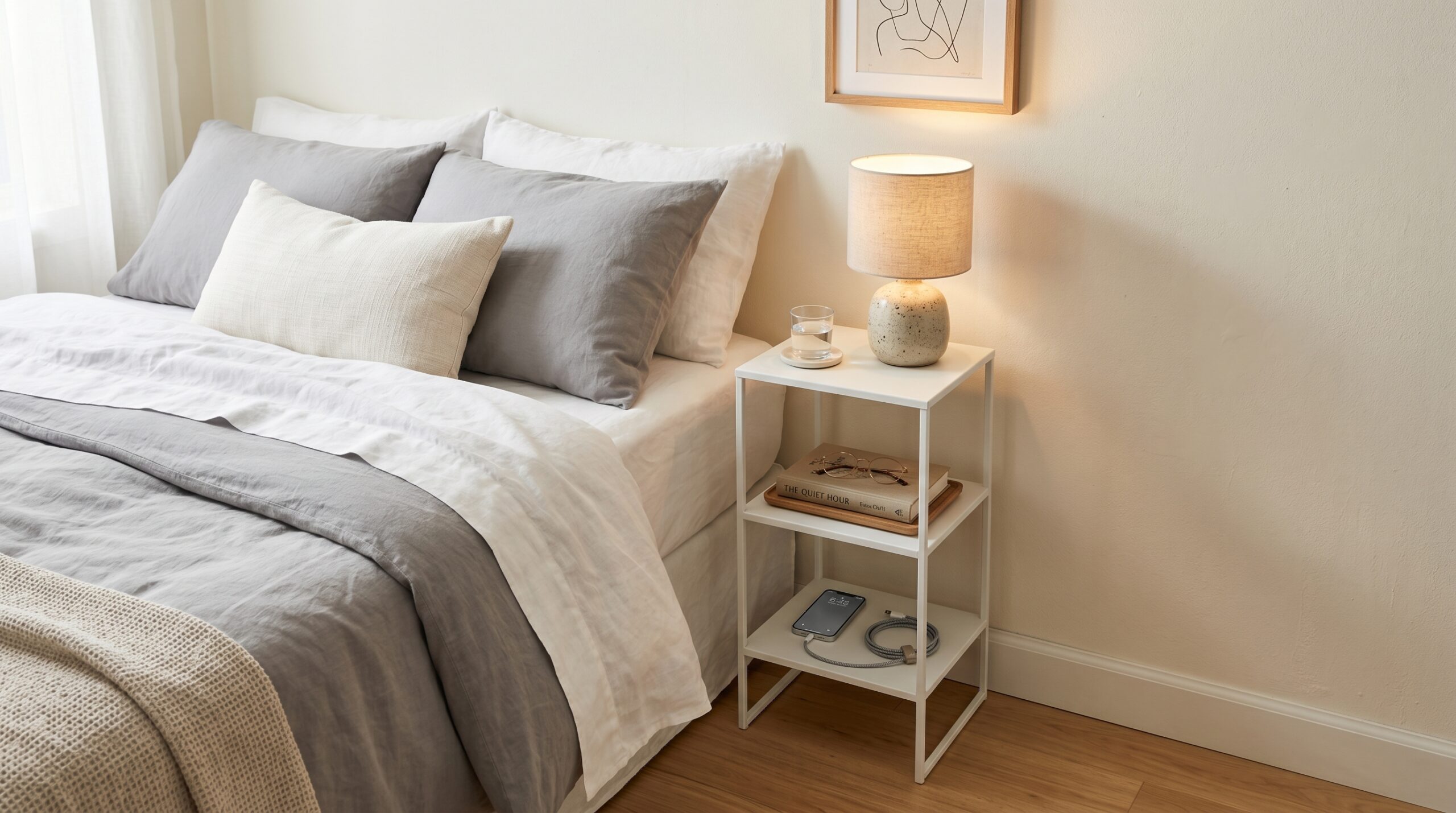 Slim 8-inch-wide white three-tier skinny nightstand wedged between bed and wall in small apartment
