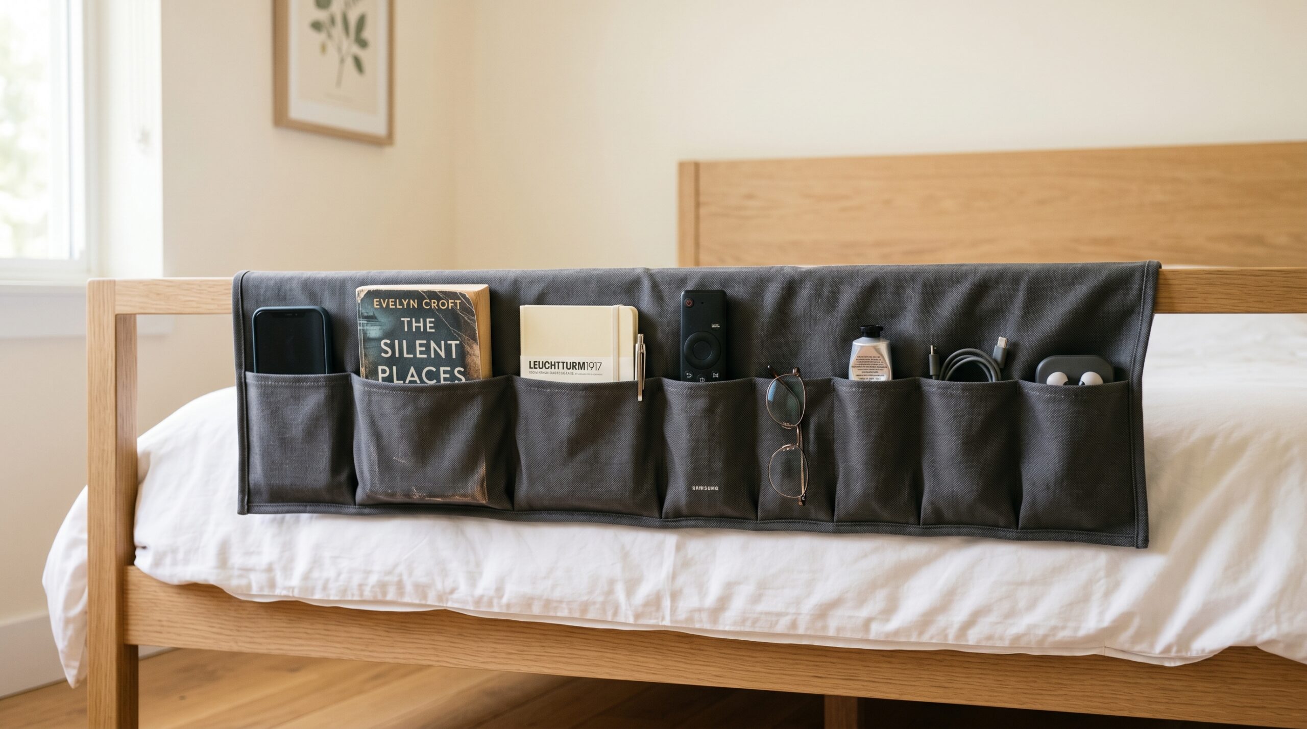 Dark gray hanging fabric bedside caddy with eight pockets draped over wooden bed frame
