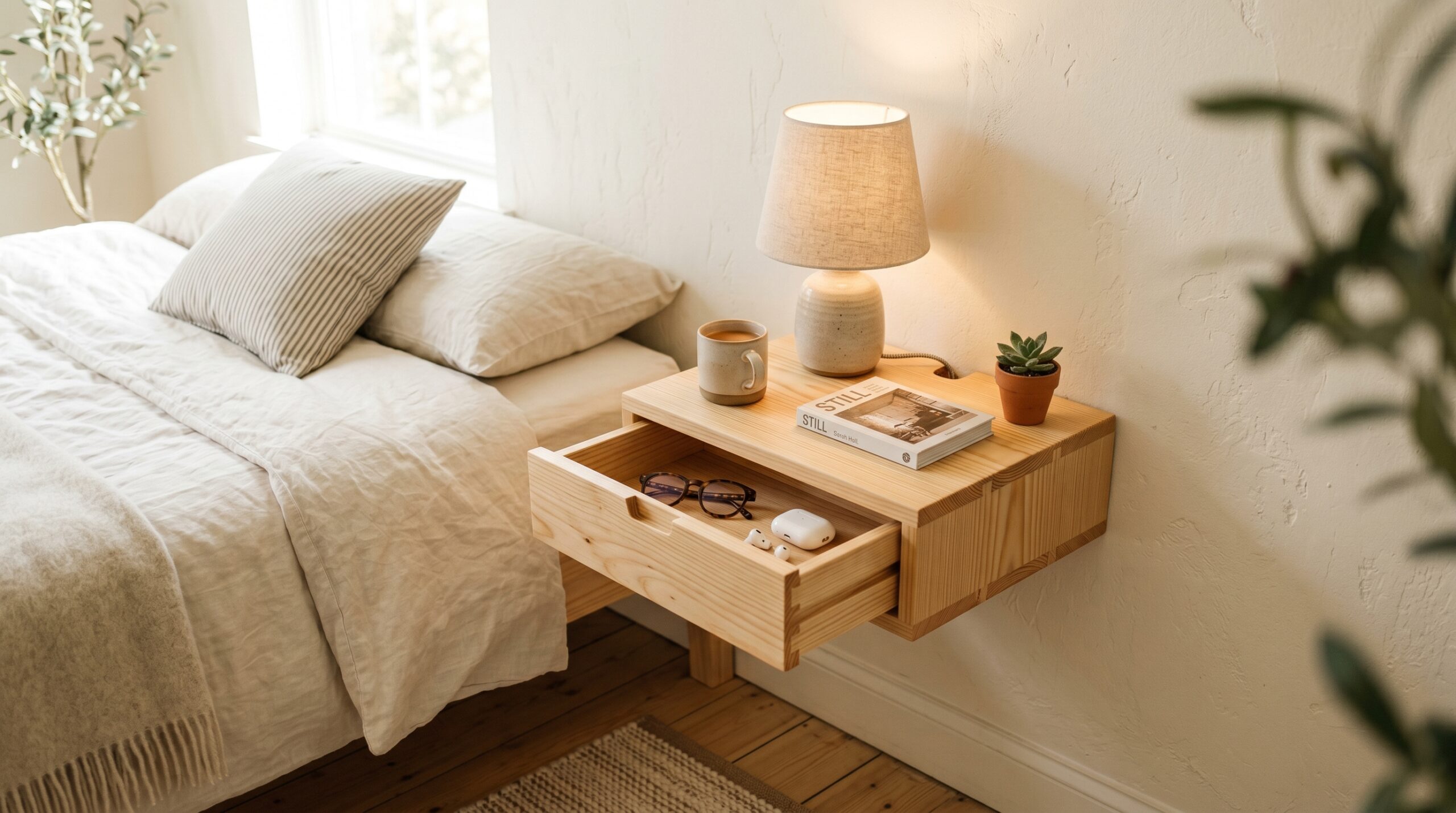 Natural pine floating wall-mounted nightstand with built-in cable hole and small drawer