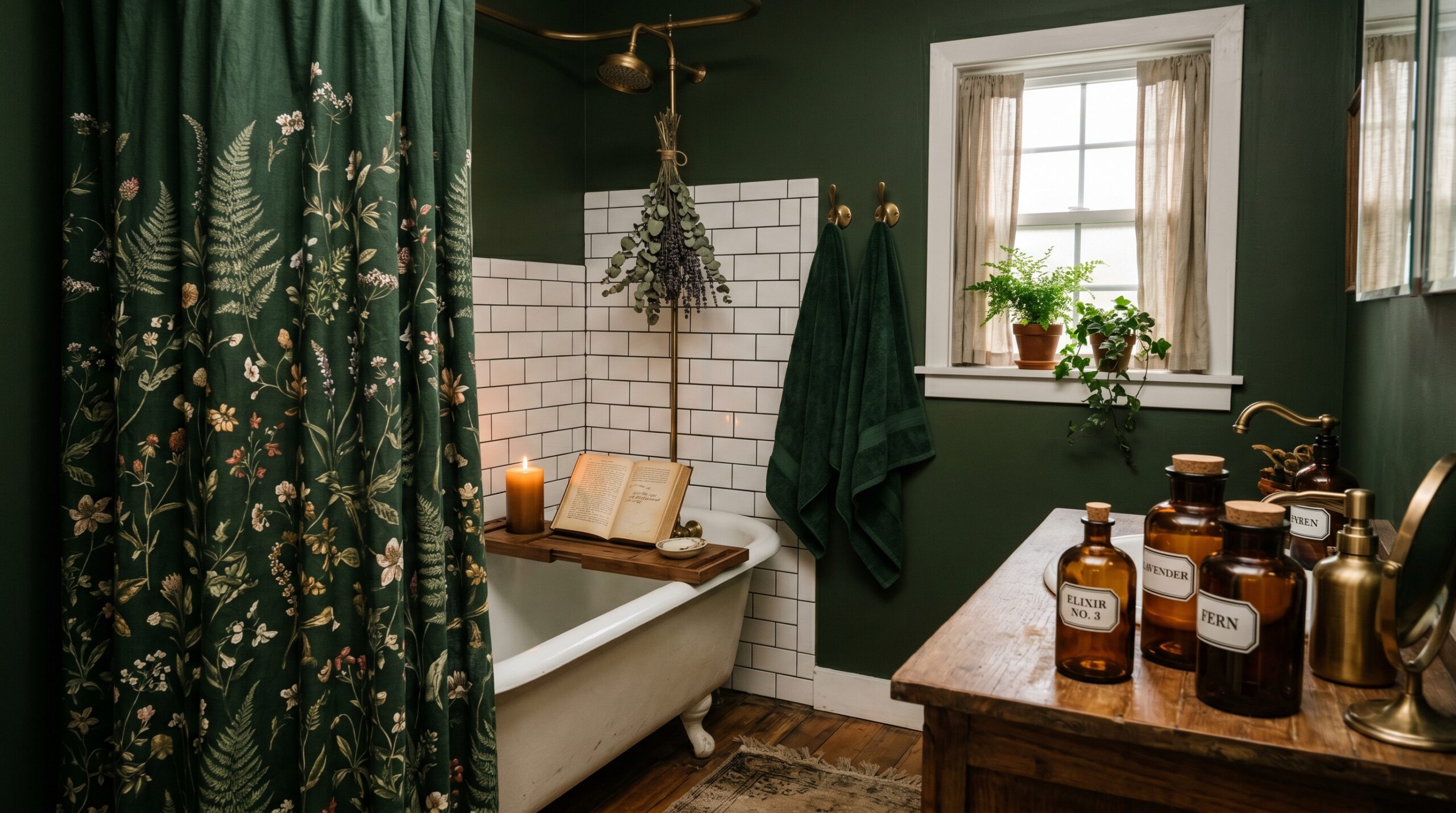Small dark cottagecore bathroom with botanical green shower curtain, amber apothecary jars, brass hooks, and dried eucalyptus