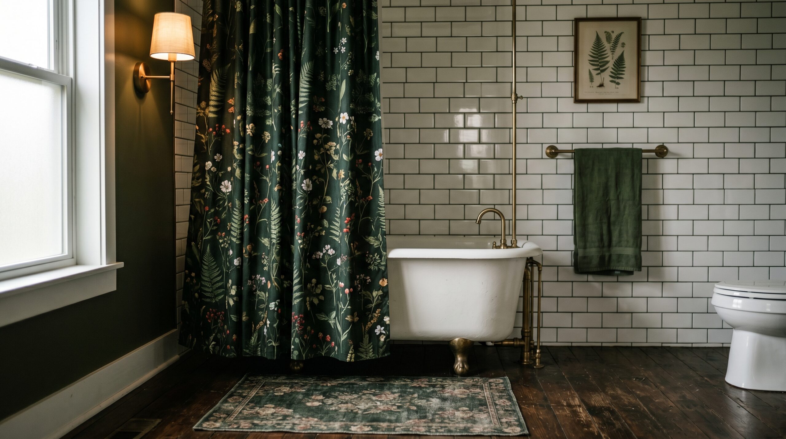 Forest green Victorian botanical shower curtain and dark green vintage botanical bath mat in a small rental bathroom