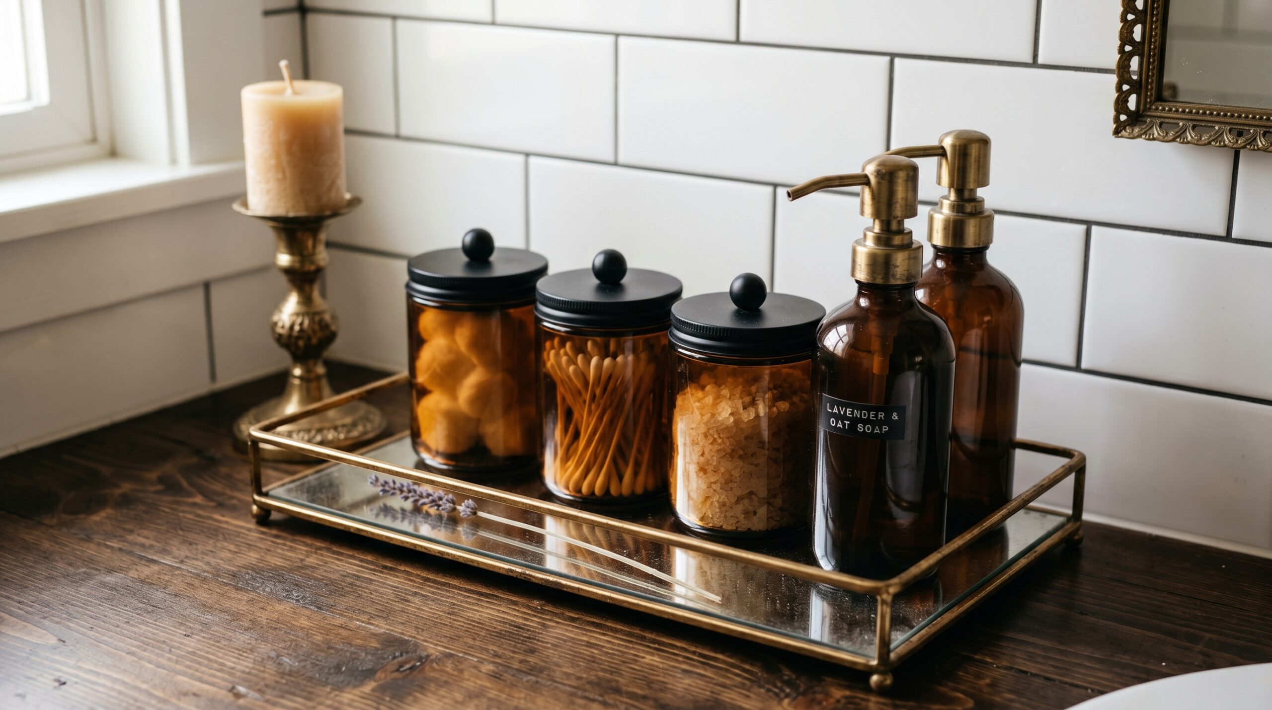 Amber glass apothecary jars and brushed gold soap pumps corralled on a vintage gold mirrored vanity tray