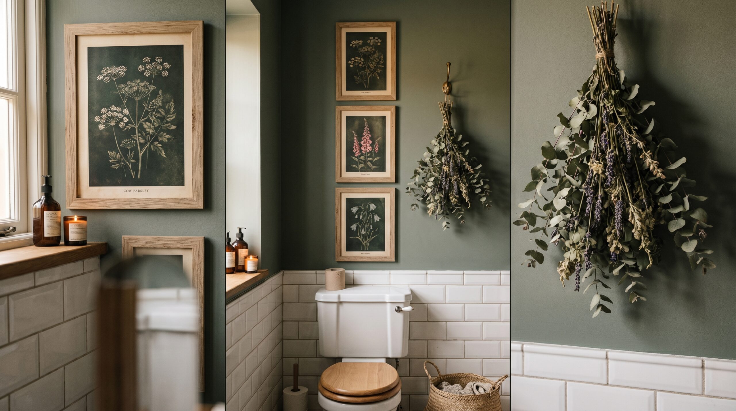 Vintage moody dark green wildflower wall art trio above a toilet beside a hanging dried eucalyptus and lavender bundle