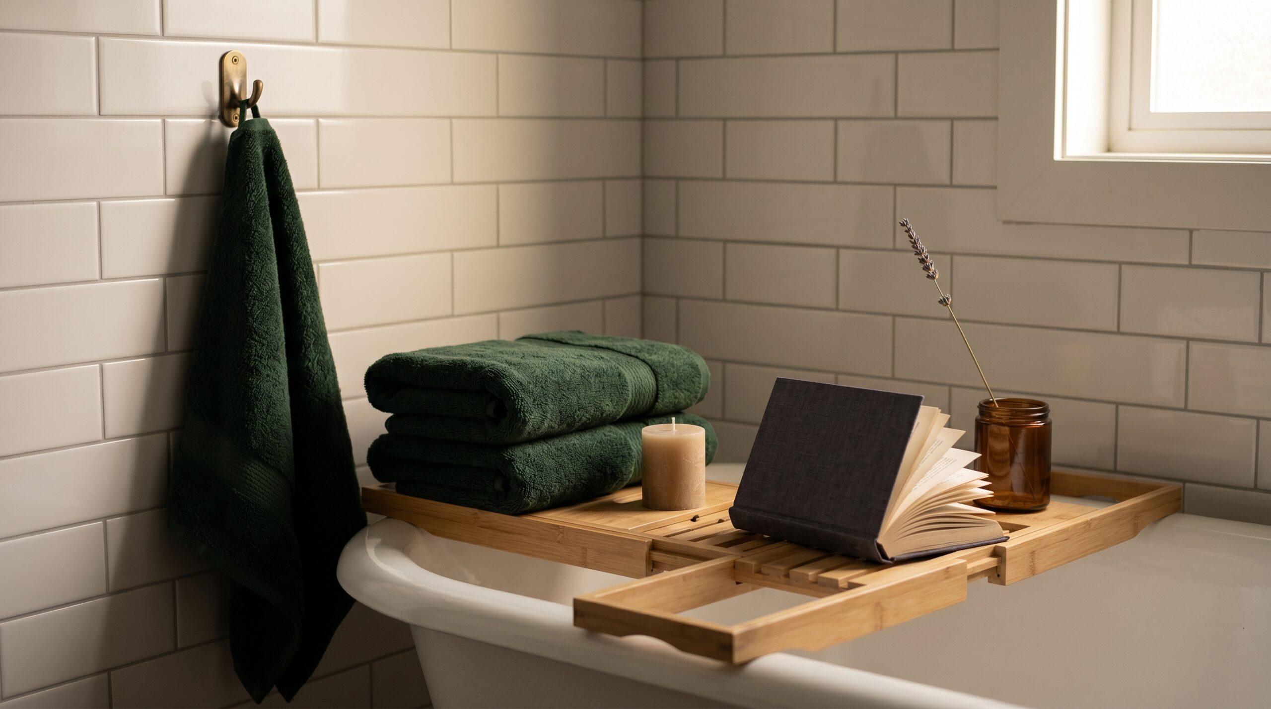 Folded forest green bath towels on a bamboo bath tray with a candle and lavender stem in a dark cottagecore bathroom