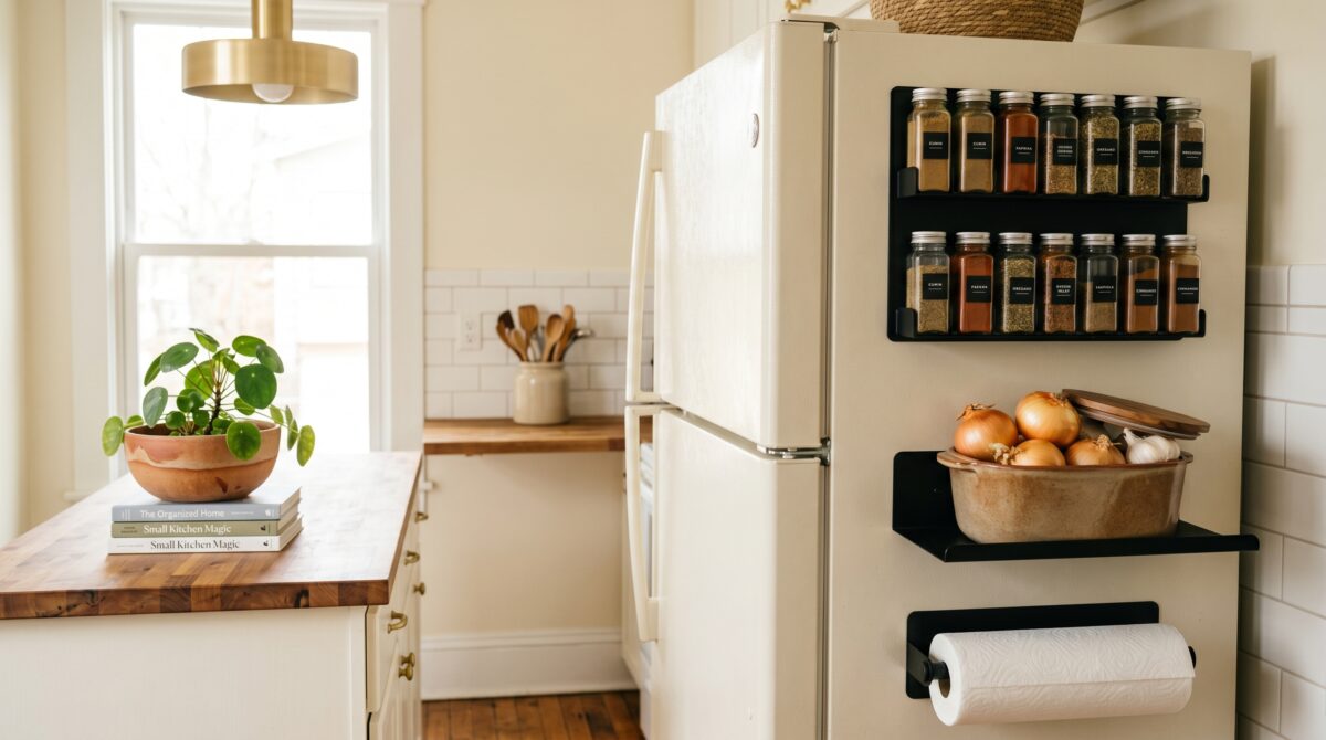 Small rental kitchen showing magnetic spice rack and produce bin on the side of a white fridge with warm wood counter