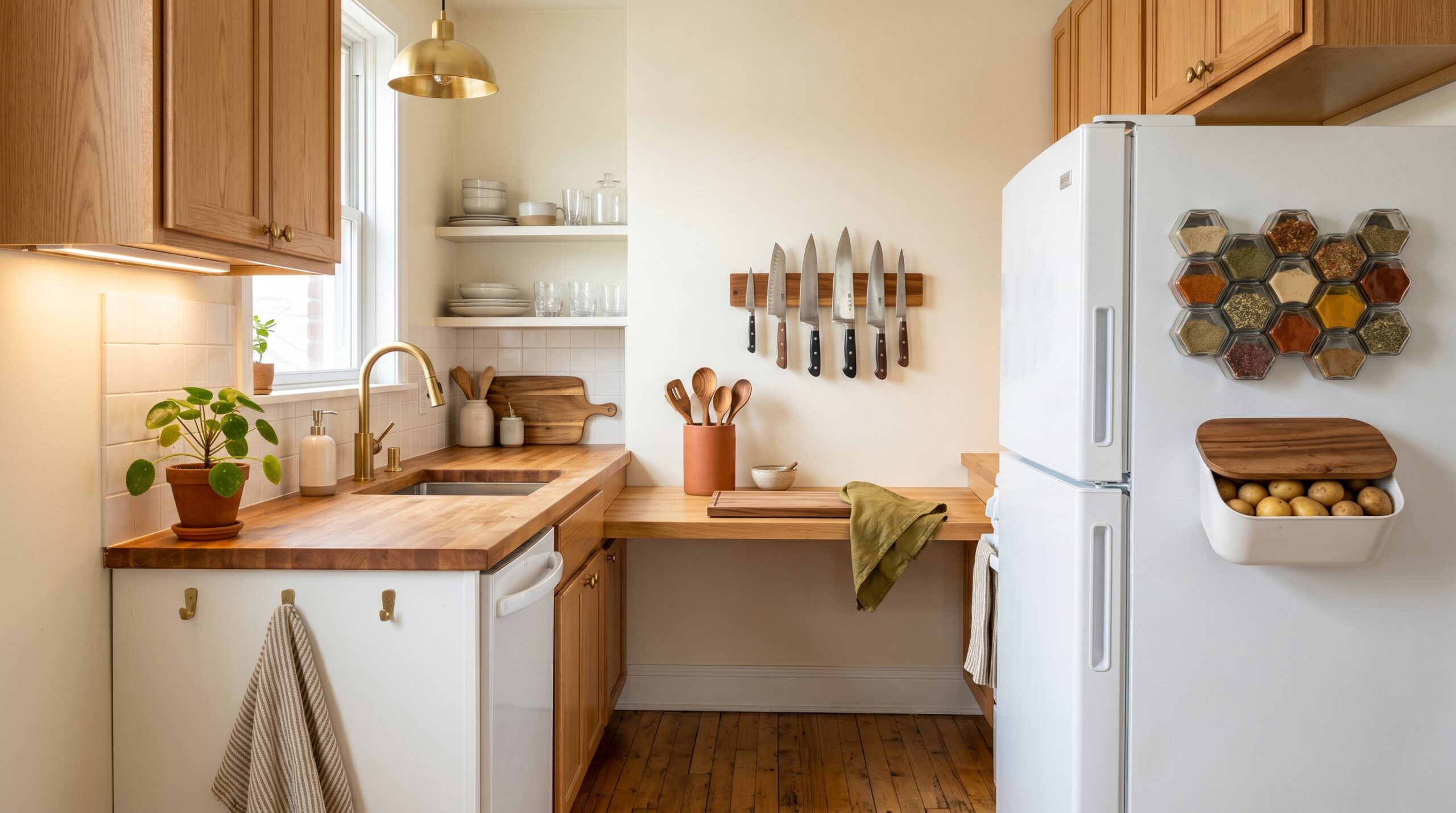 Magnetic kitchen storage system overview in a small rental: fridge-side spice jars, acacia knife strip, under-cabinet light, hooks