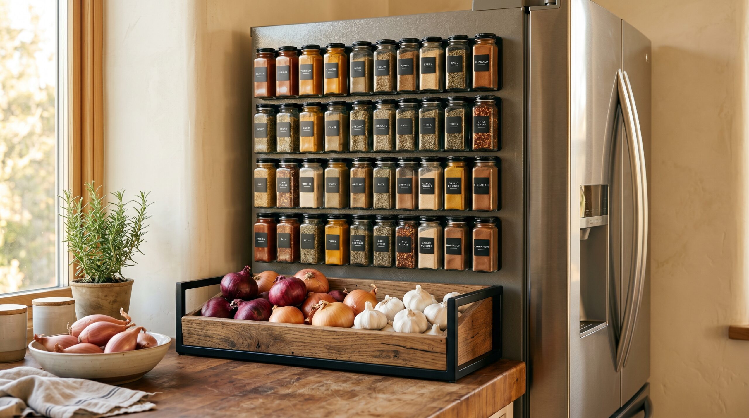 Fridge-side magnetic pantry: four shelves of square glass spice jars and a wood-lid produce bin holding onions and garlic
