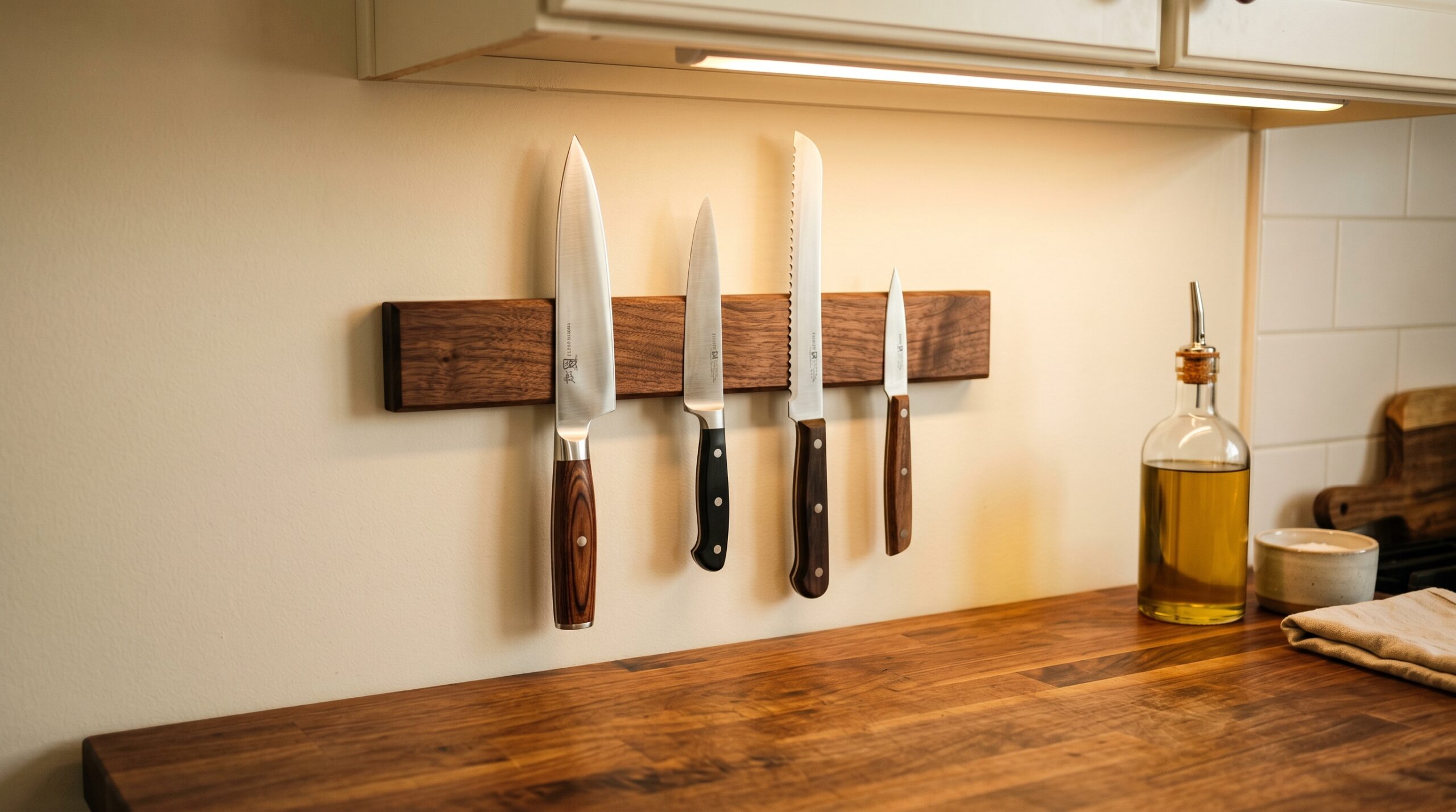 Acacia wood magnetic knife strip on cream wall and under-cabinet LED light glowing on butcher block counter