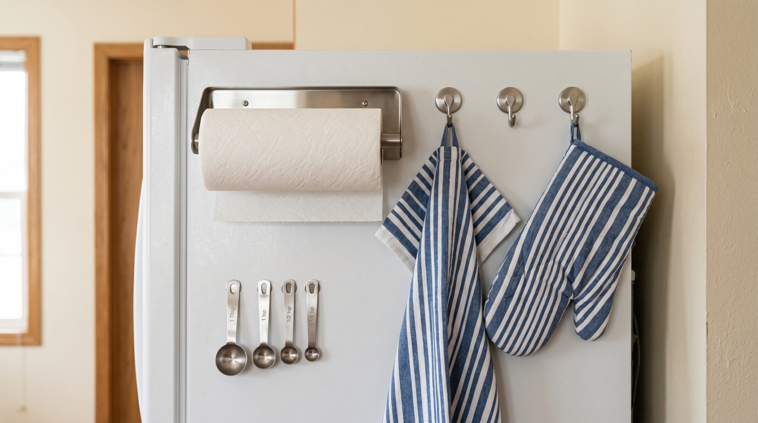 Magnetic paper towel holder, hooks holding tea towel and oven mitt, and stack of magnetic measuring spoons on white fridge side