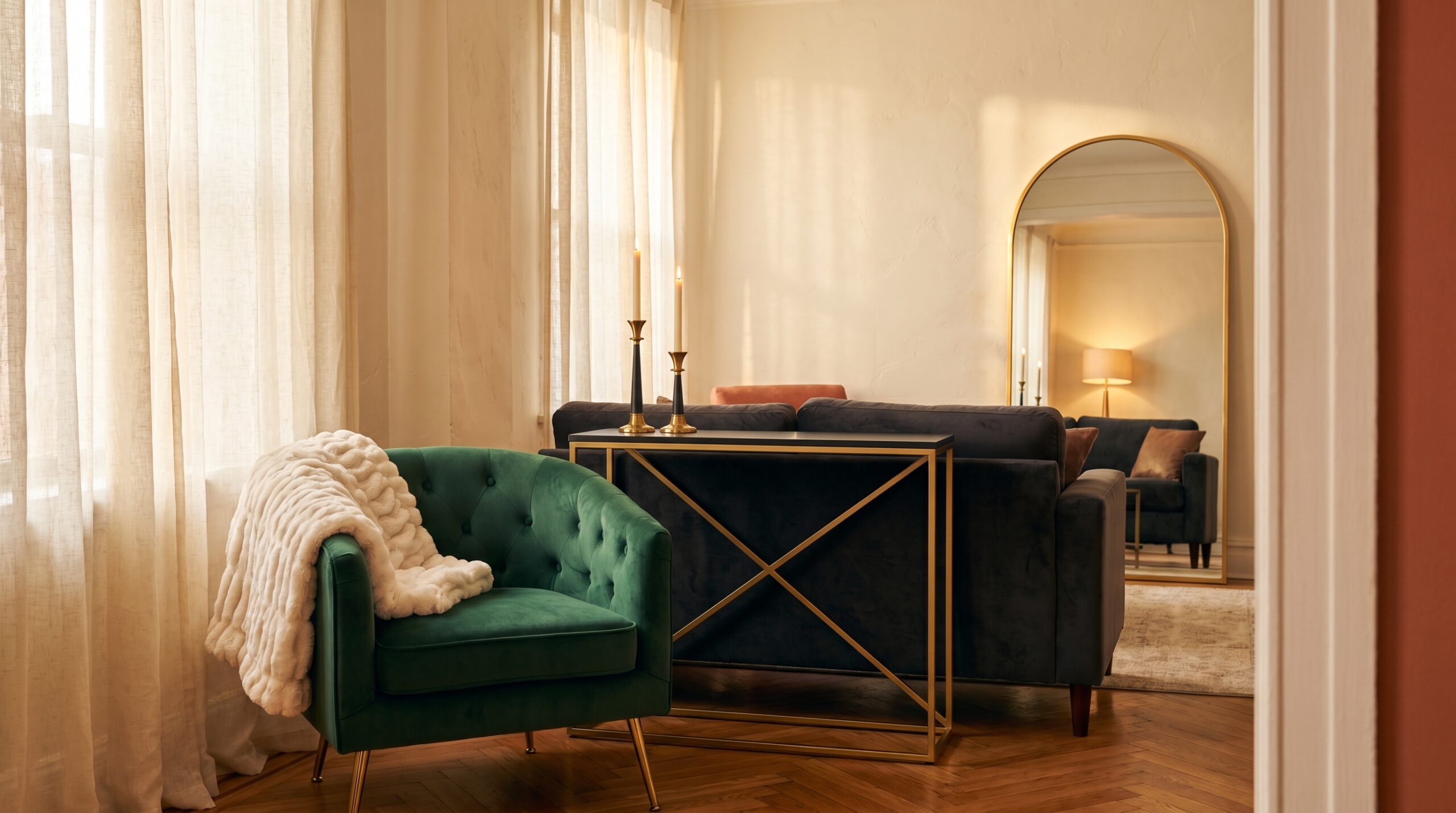 Small apartment styled in the mob wife aesthetic with an emerald velvet armchair, gold console table, faux fur throw, and arched gold leaning mirror