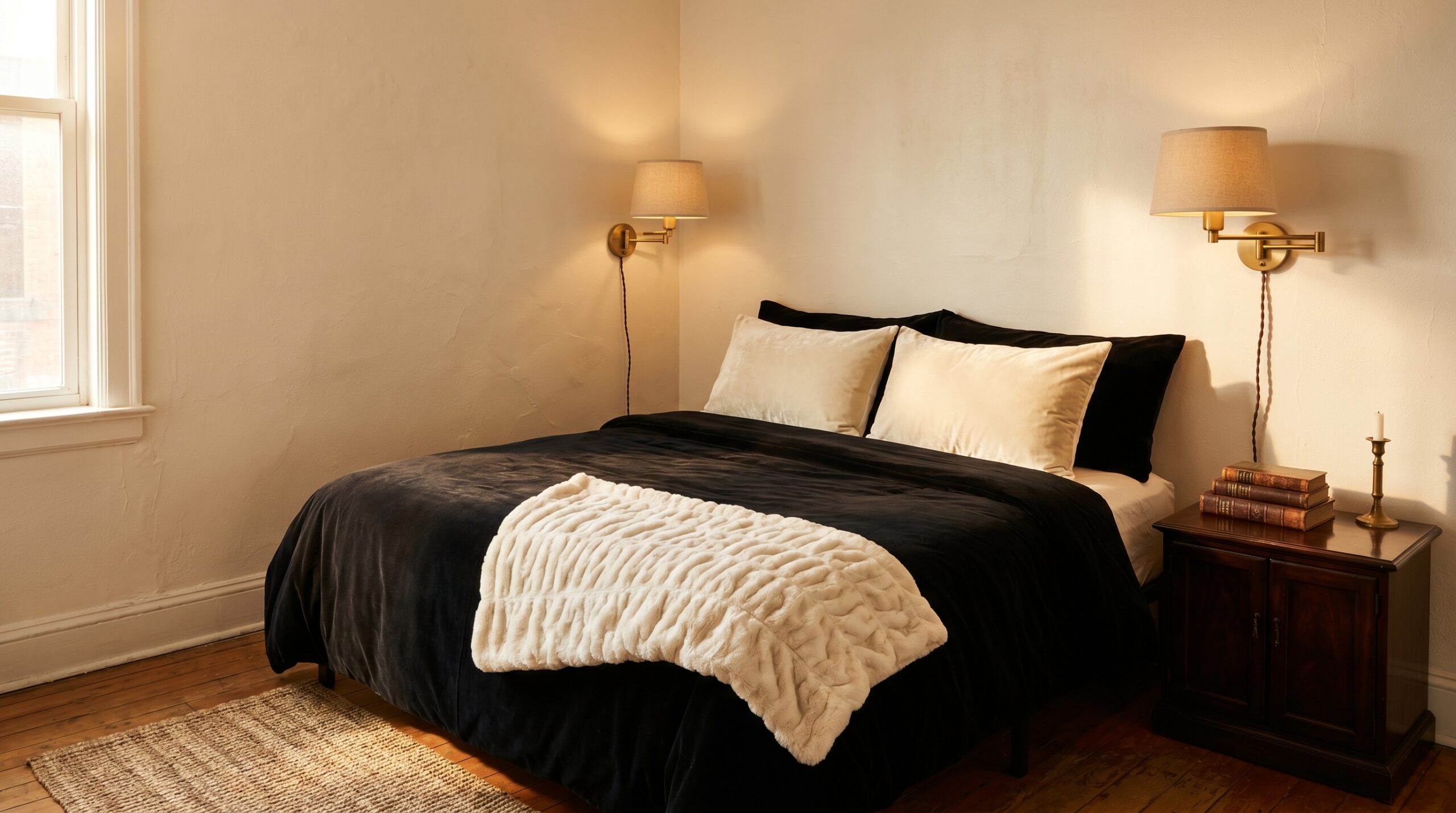 Small apartment bedroom with black velvet duvet, ivory faux fur throw at foot of bed, and plug-in gold brass wall sconces flanking the bed