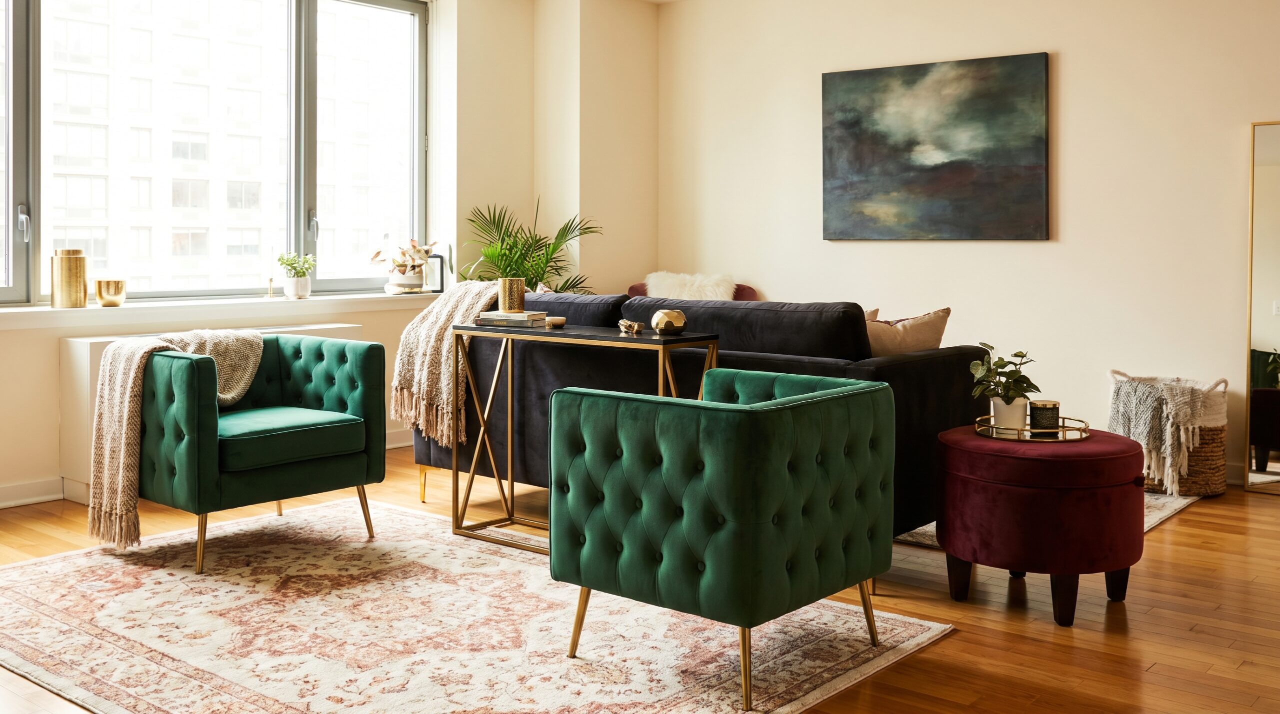Small apartment living room with two compact emerald velvet armchairs, a black-and-gold geometric console table, and a burgundy velvet tufted storage ottoman