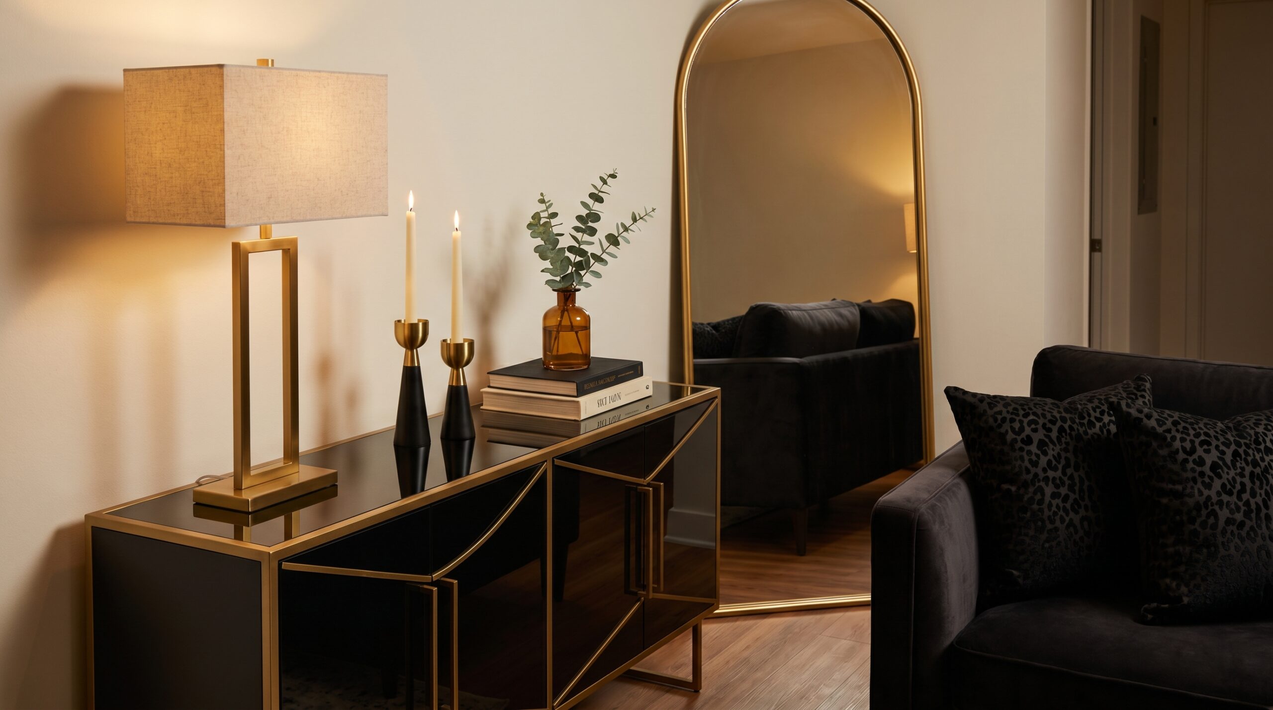 Mob wife aesthetic accents vignette: 30-inch gold table lamp, brass taper candle holders with lit candles, arched gold mirror, and black velvet leopard pillows