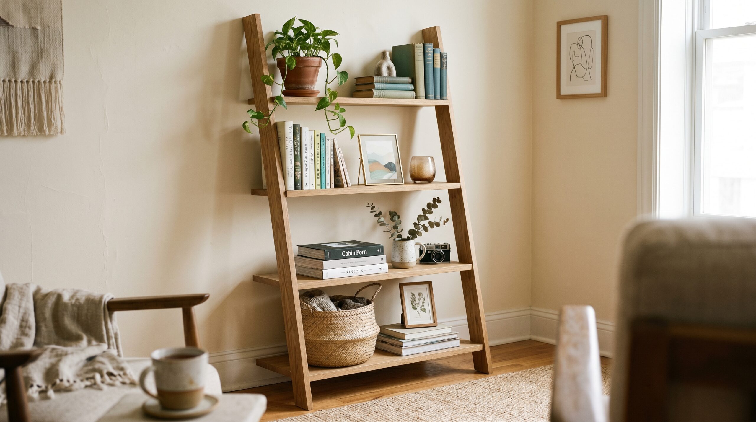 Five-tier oak leaning ladder bookshelf in a small apartment with books, plants, and ceramics in a warm cream and terracotta palette