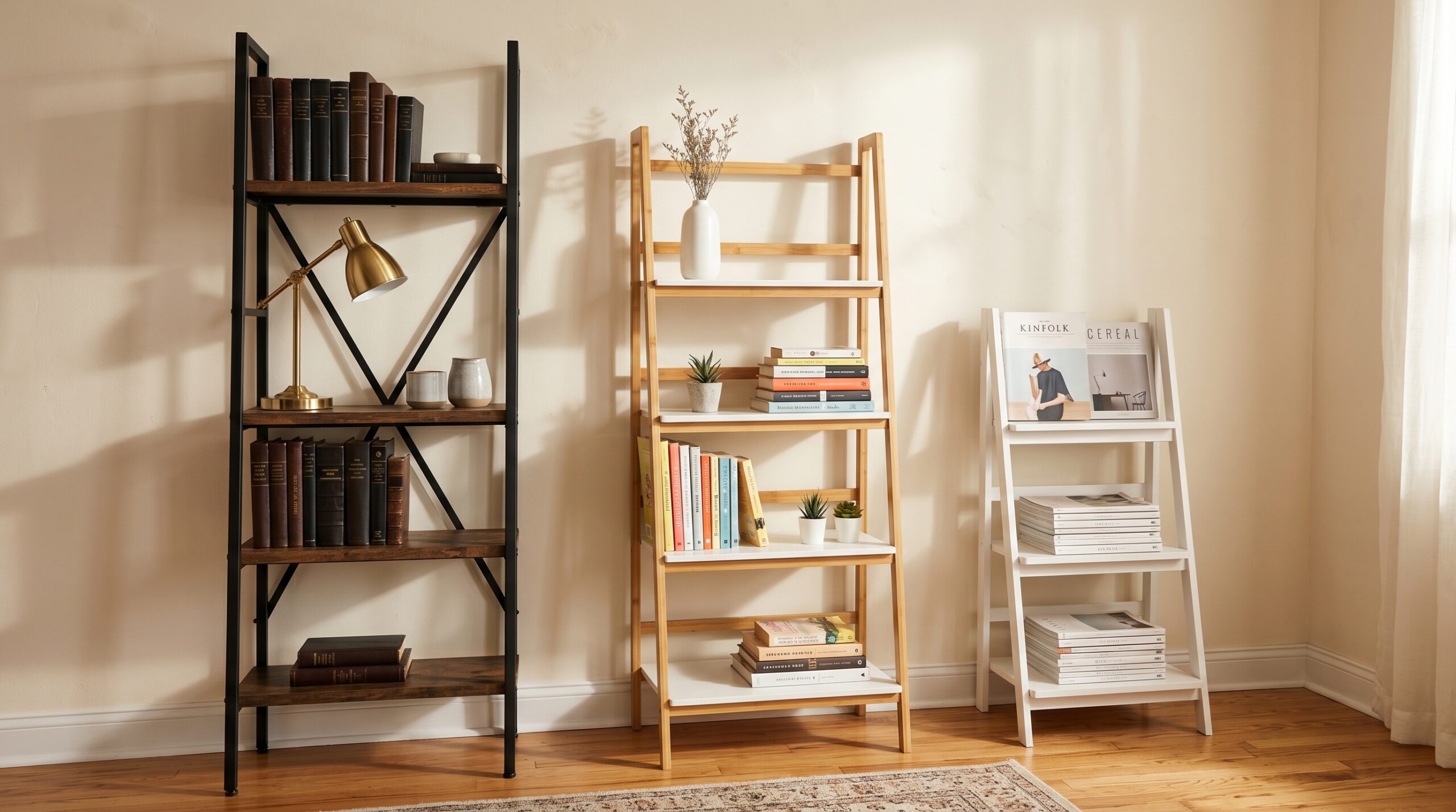 Three alternative ladder shelves: industrial steel-and-wood, bamboo with white shelves, and a compact 3-tier in a styled studio apartment