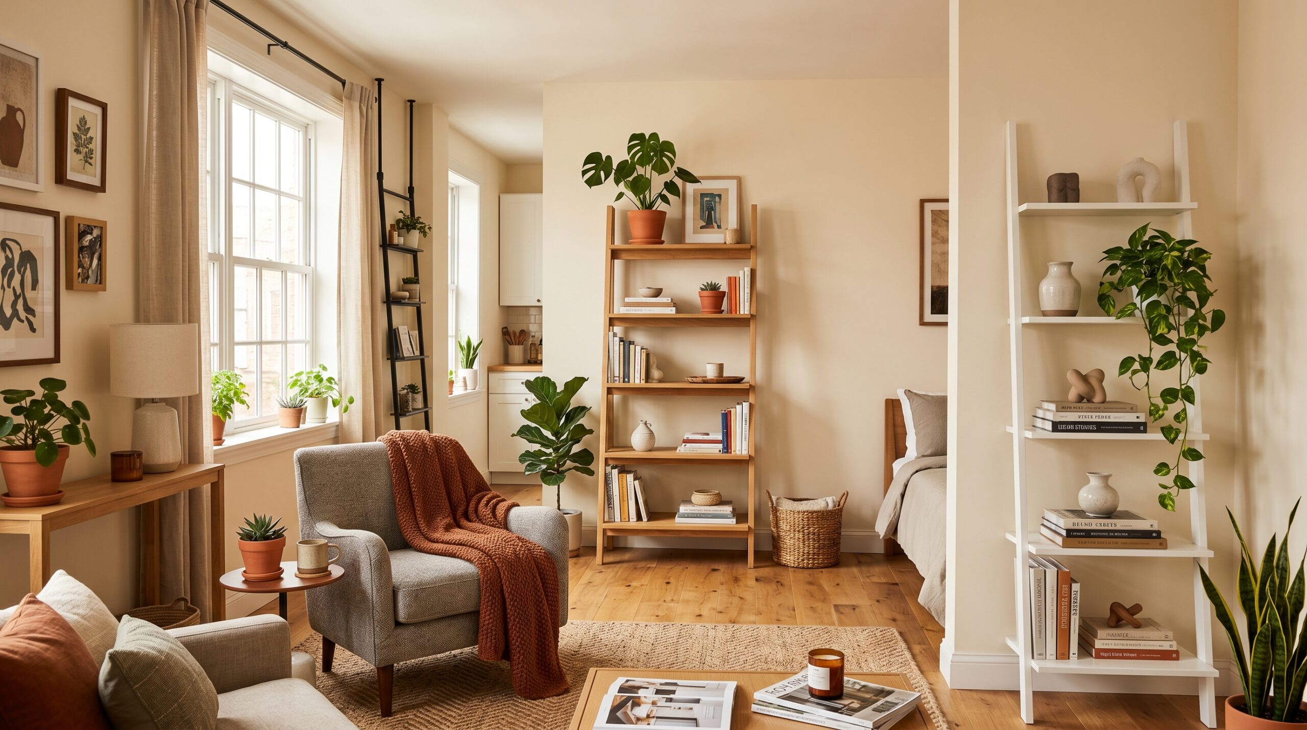 Wide-angle small studio apartment showing several leaning ladder bookshelves placed against different walls