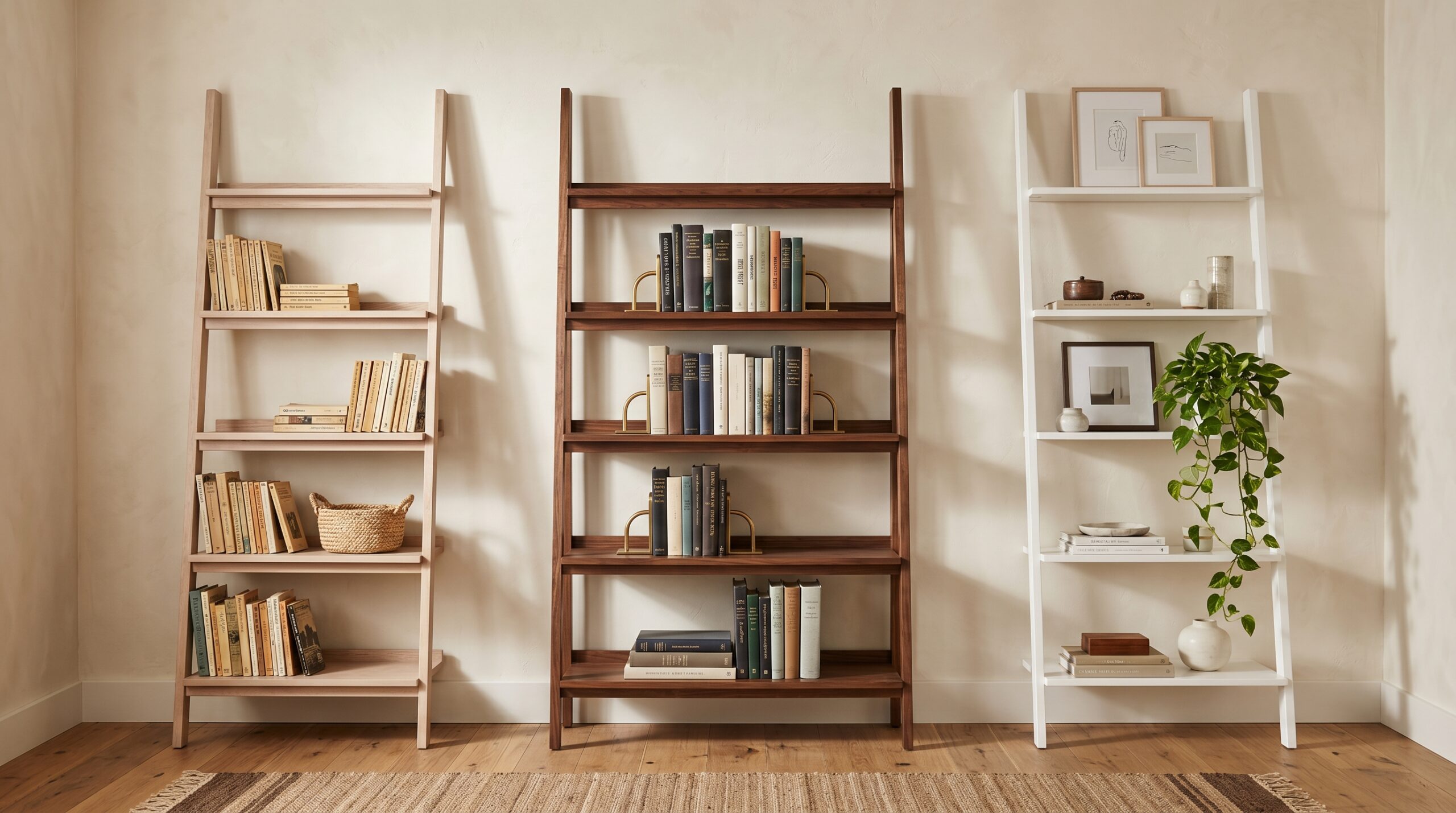 Three real-wood leaning ladder bookshelves in oak walnut and white styled in a cozy small living room