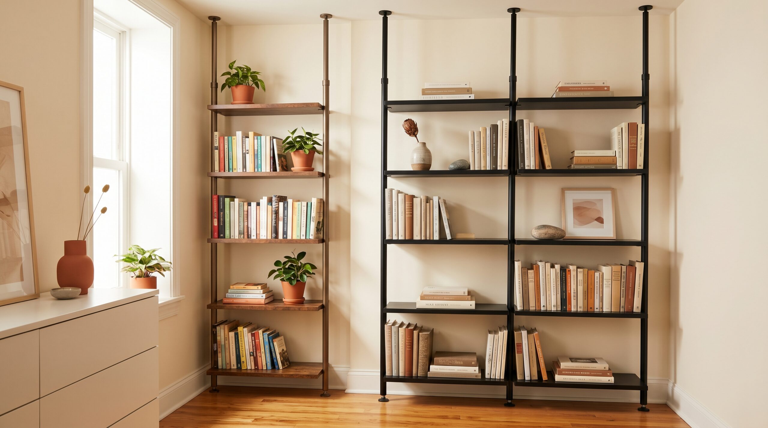 Two floor-to-ceiling tension-mount ladder bookshelves in a small apartment bedroom showing the narrow gap solution